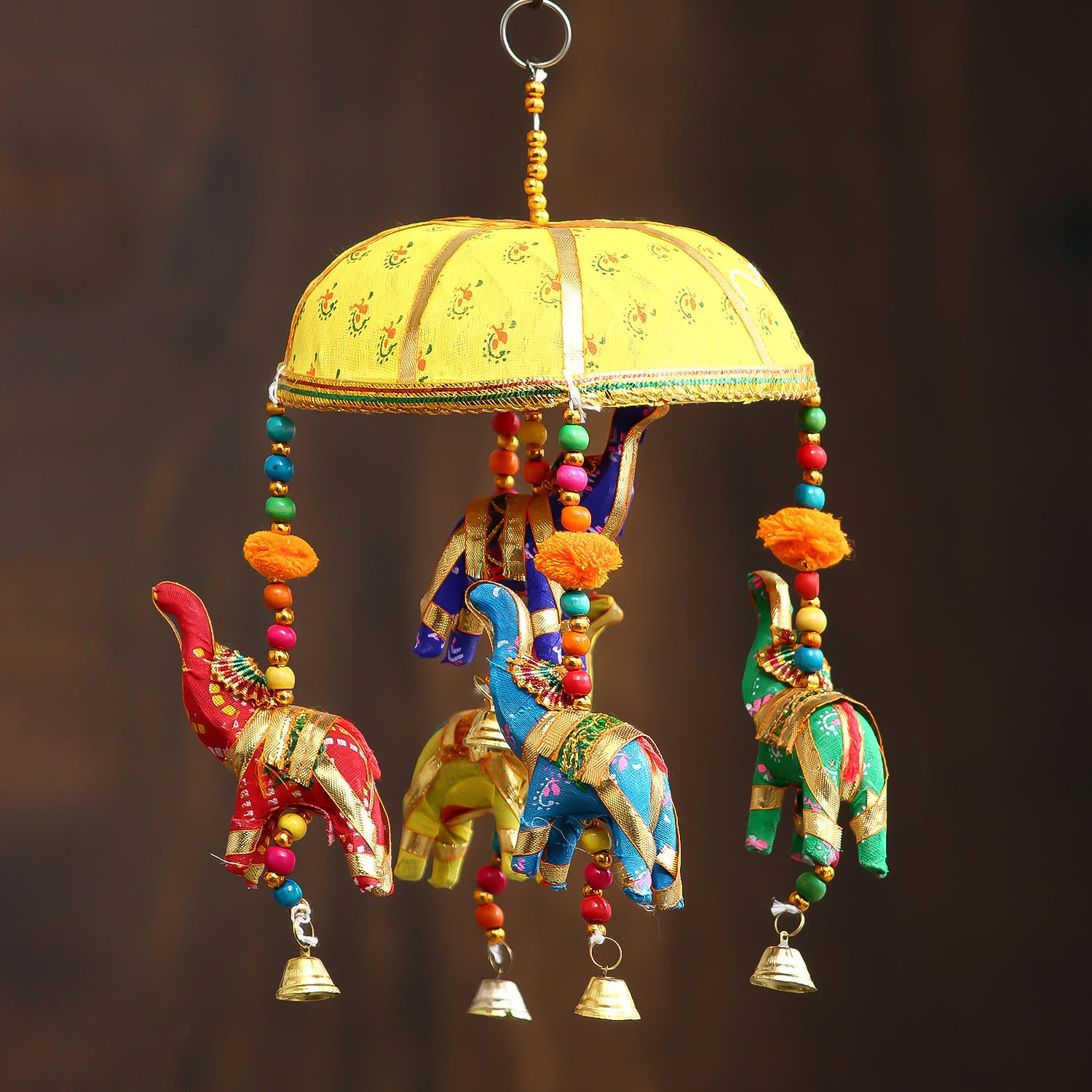 Multicolor Handcrafted Decorative Five Elephant Wall/Door/Window Hanging Bells