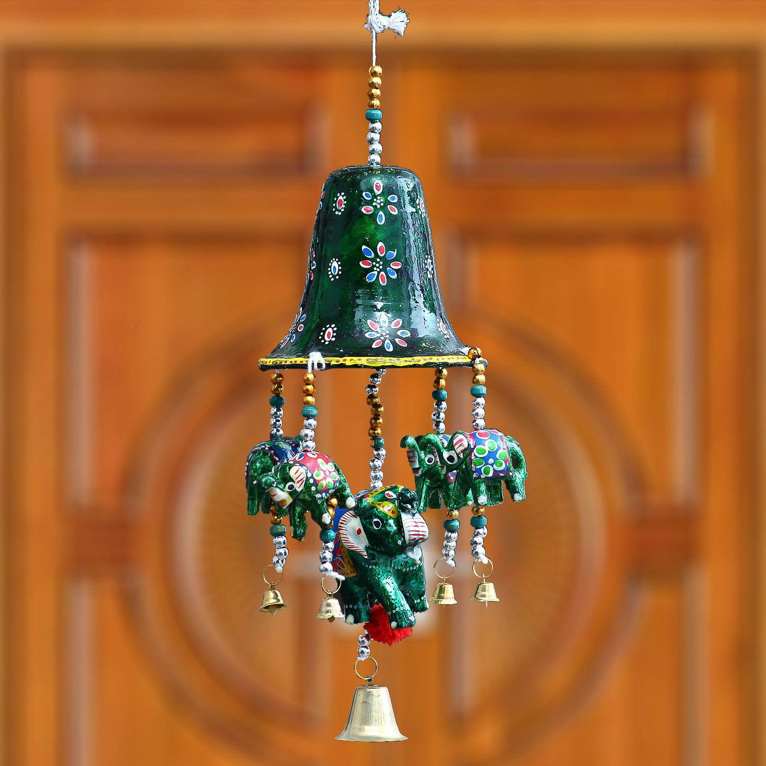 Multicolor Handcrafted Decorative Bell Shape Five Elephant Wall/Door/Window Hanging Bells 1
