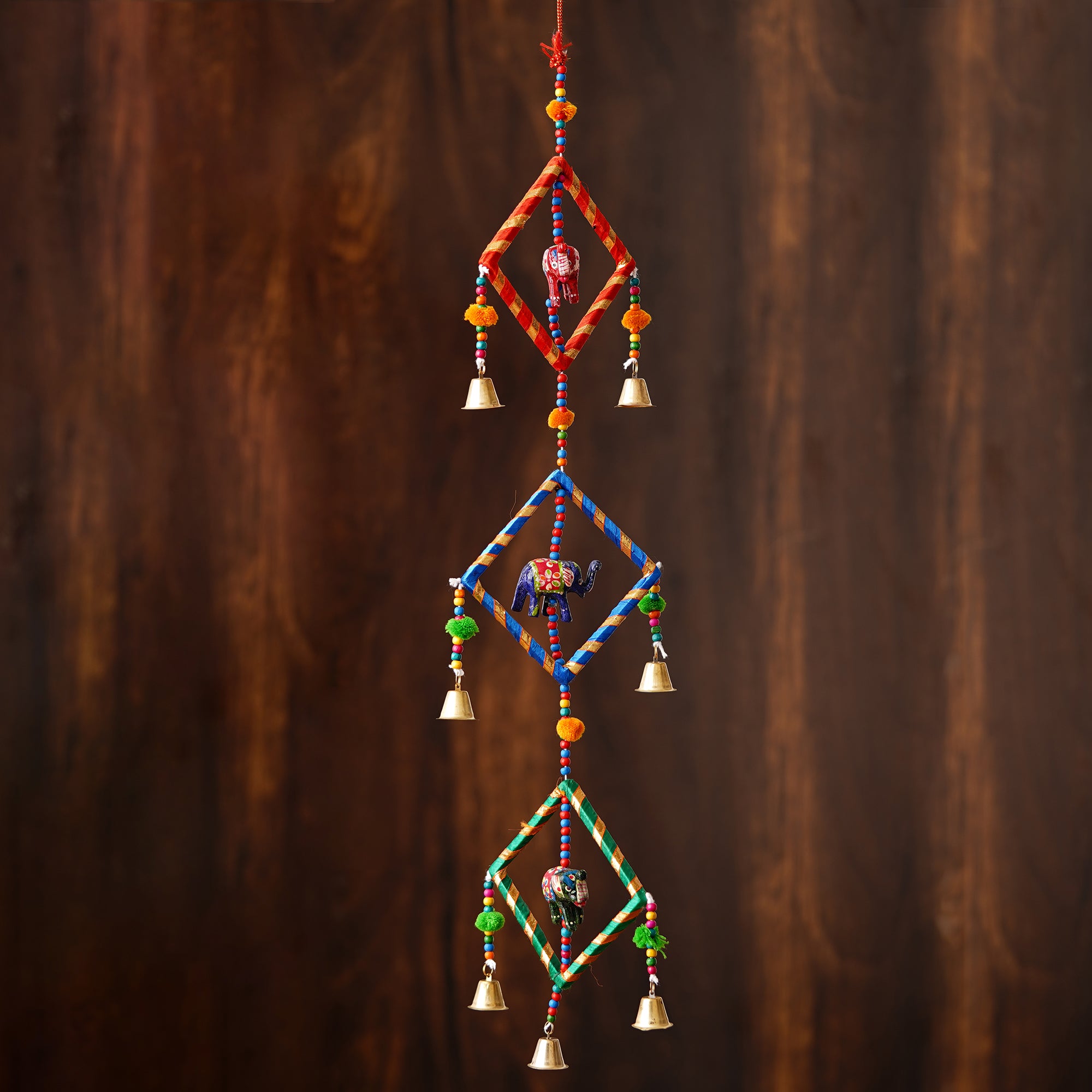 Handcrafted Decorative Colorful Squares with Gota Patti Wall/Door/Window Hanging Bells