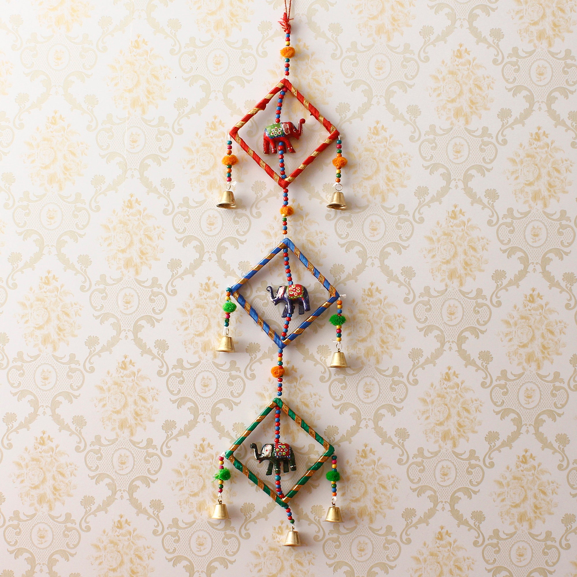 Handcrafted Decorative Colorful Squares with Gota Patti Wall/Door/Window Hanging Bells 1