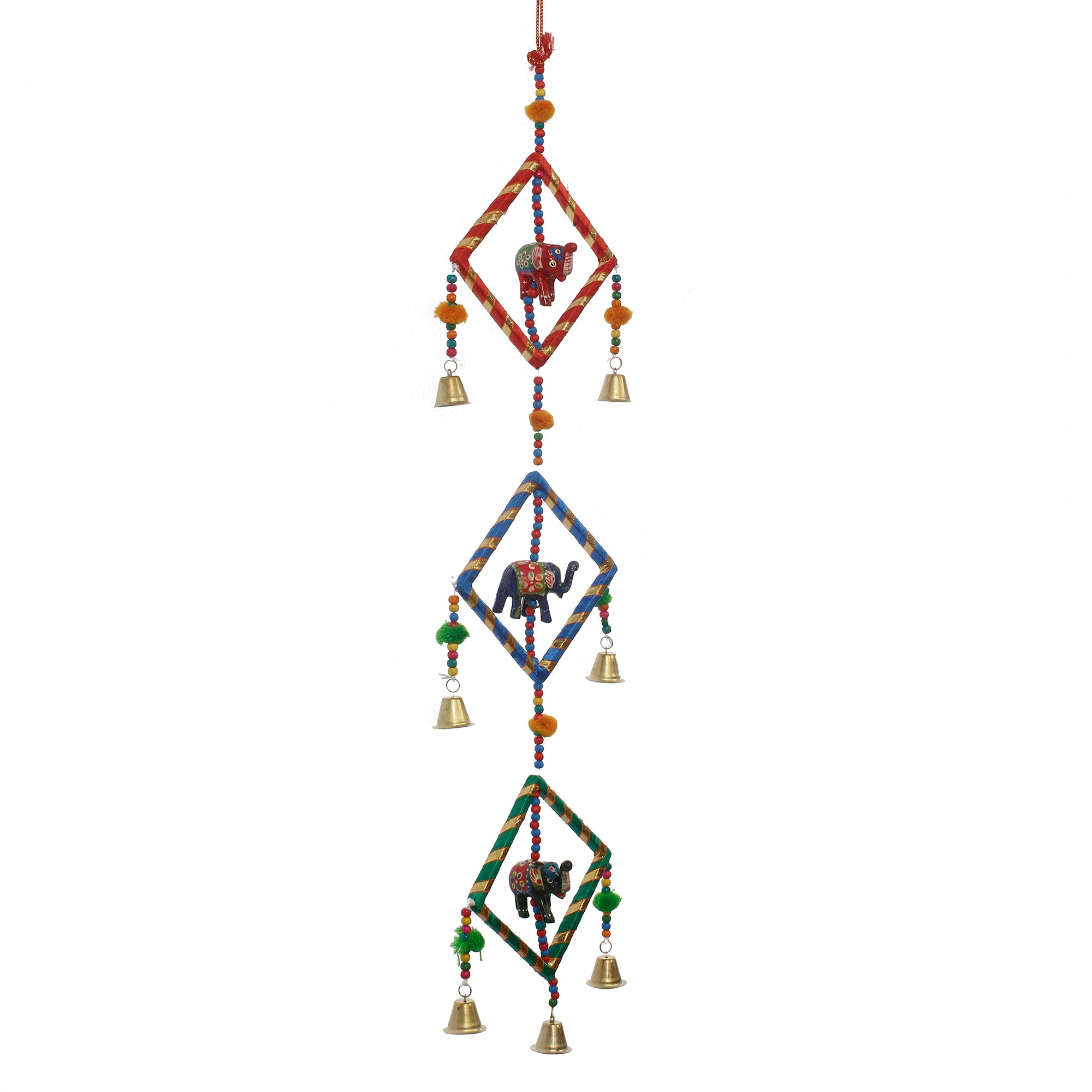 Handcrafted Decorative Colorful Squares with Gota Patti Wall/Door/Window Hanging Bells 5
