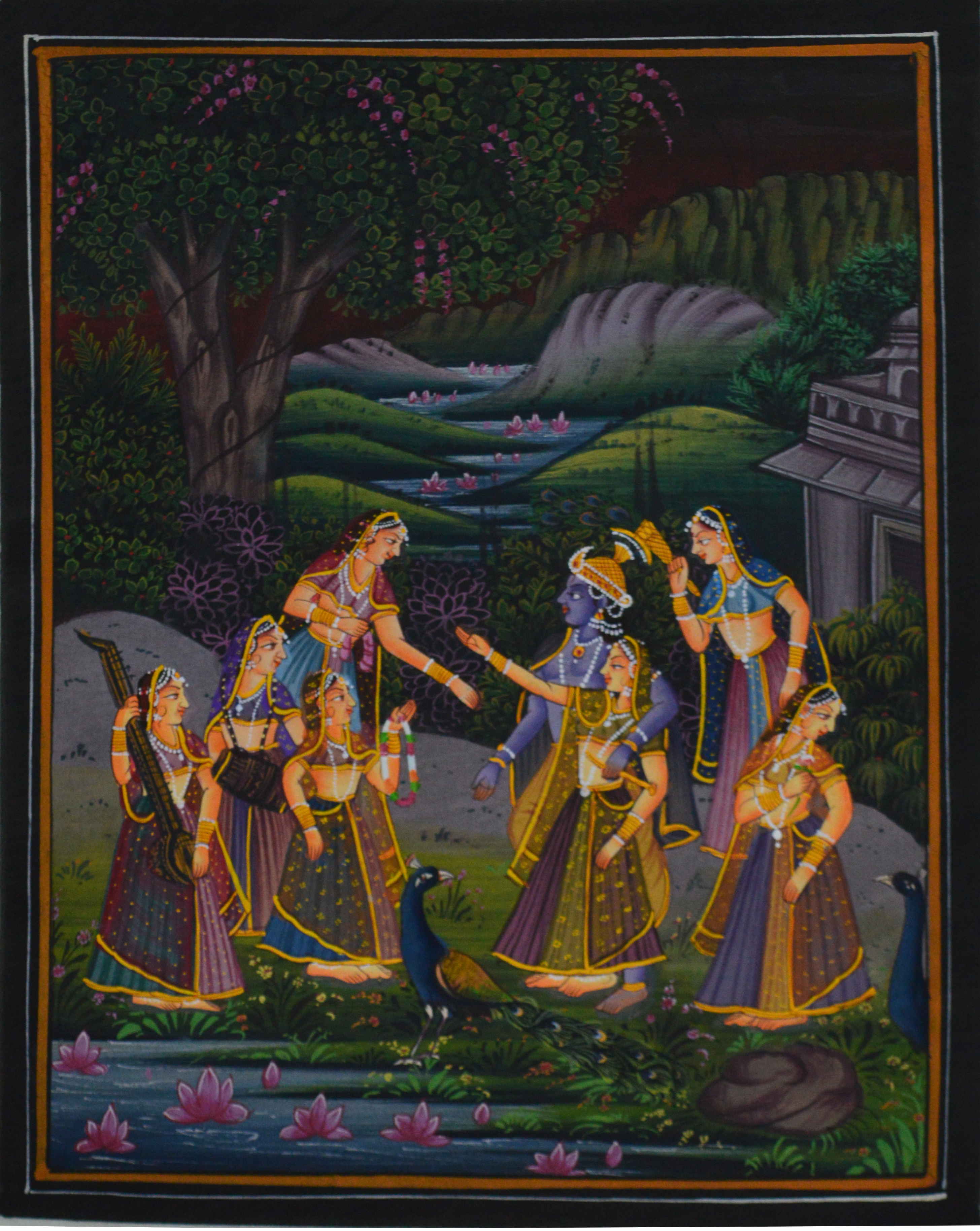 Radha Krishna Treated by Sevikas Original Art Silk Painting