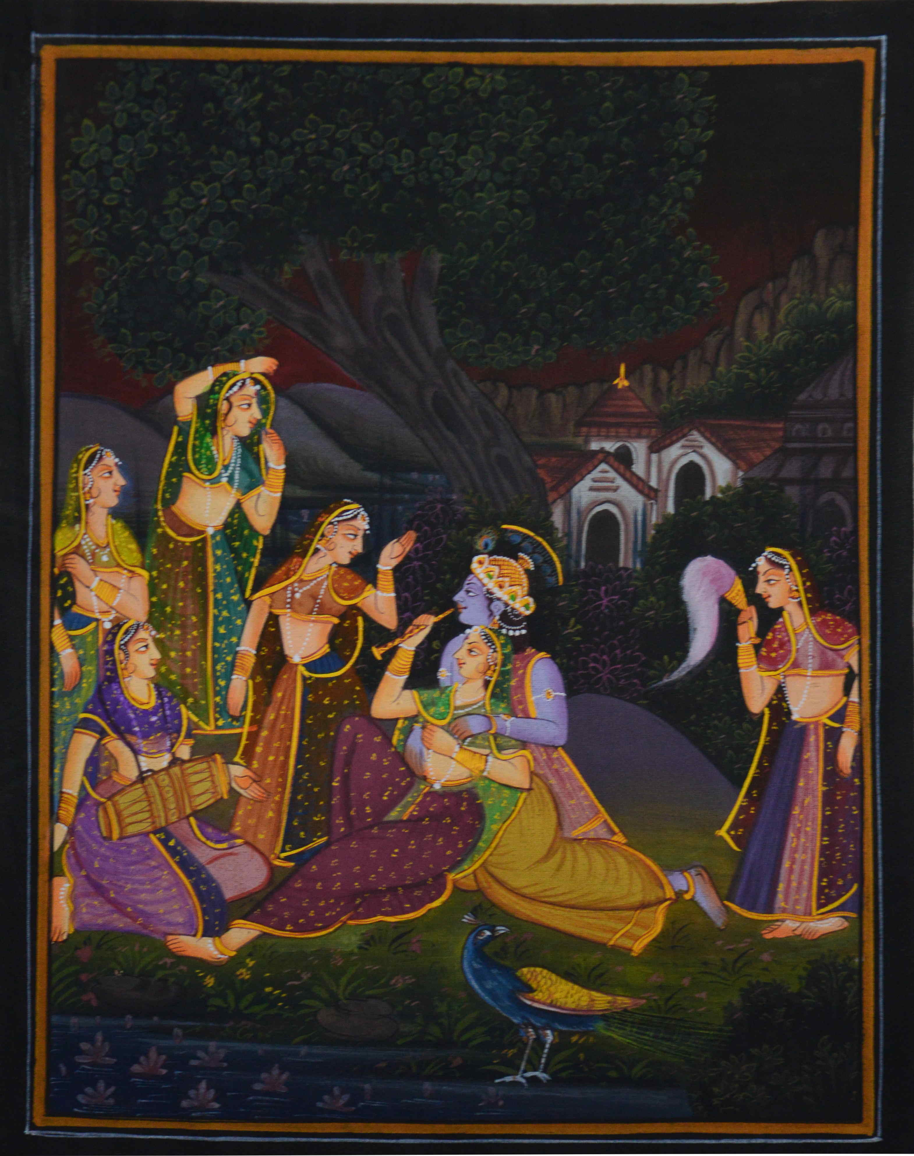 Radha Krishna Playing Bansuri Original Art Silk Painting