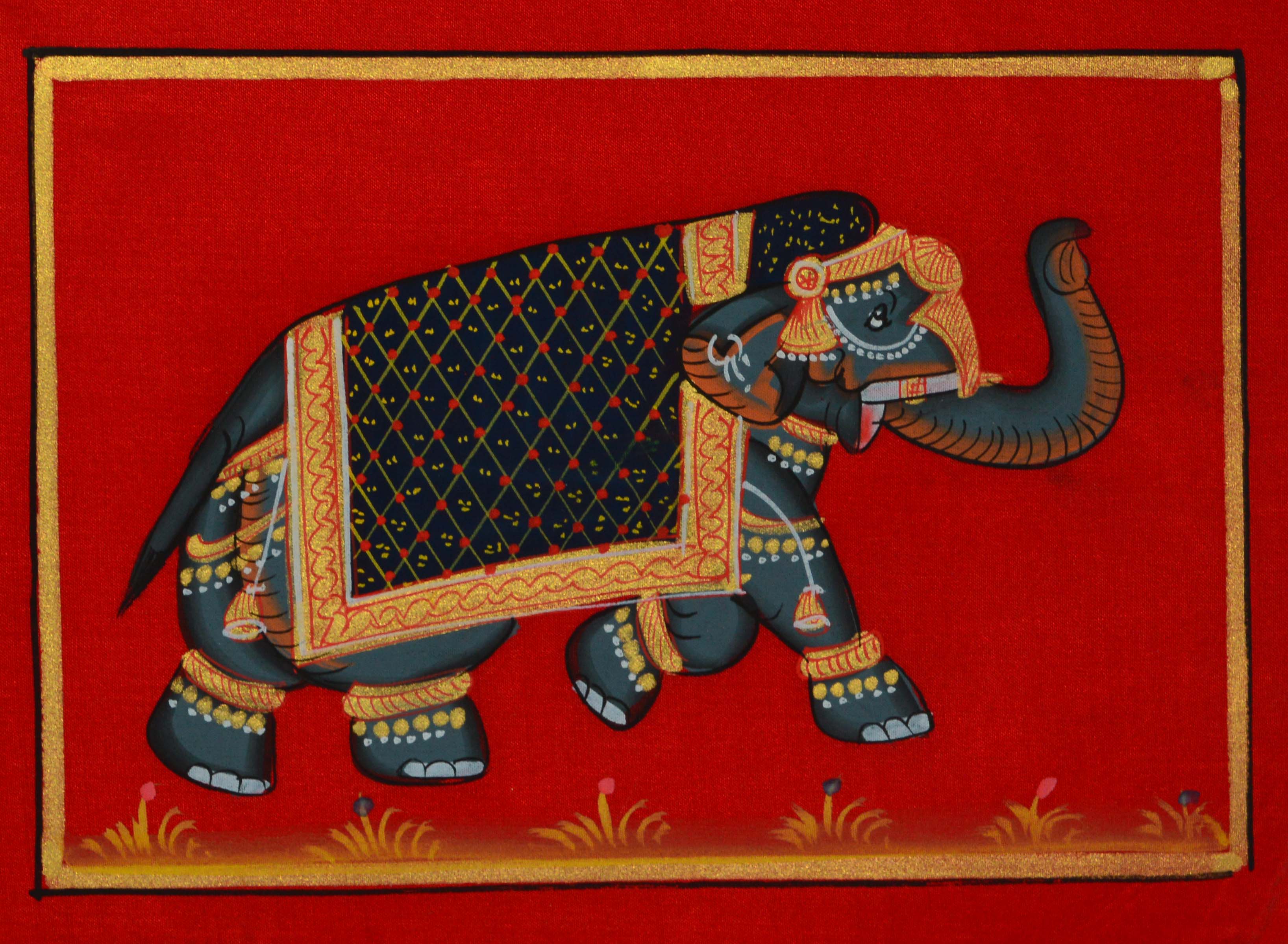 Decorated Royal Elephant on Original Art Silk Painting
