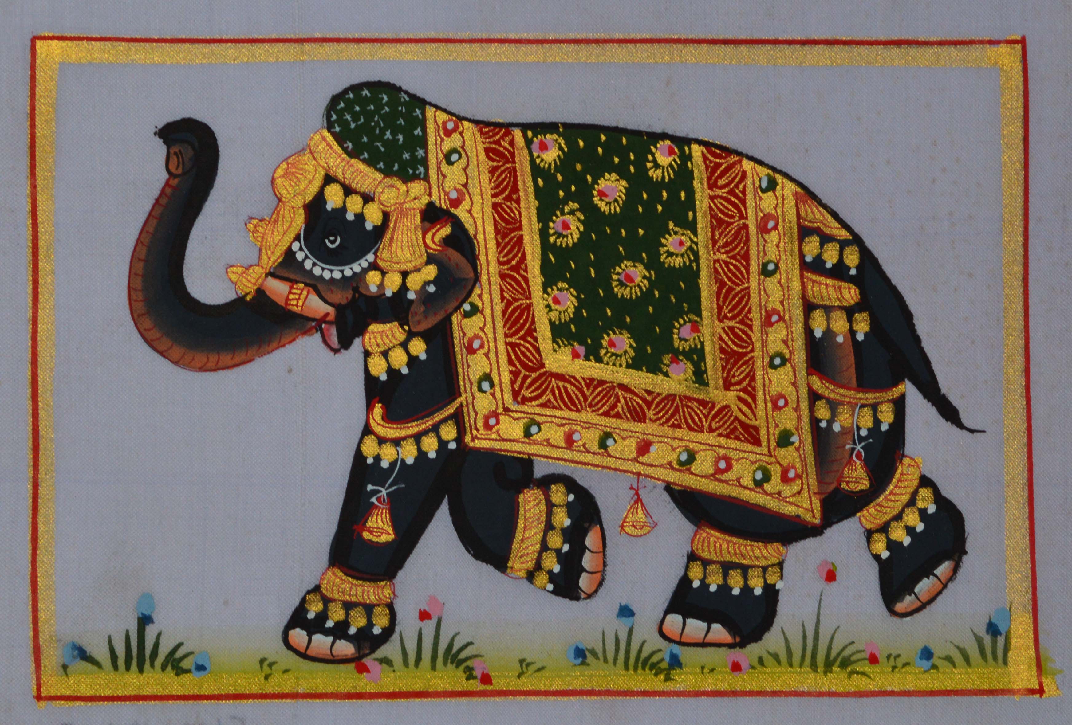 Royal Elephant decorated with Gold Ornaments on Canvas Original Art Silk Painting