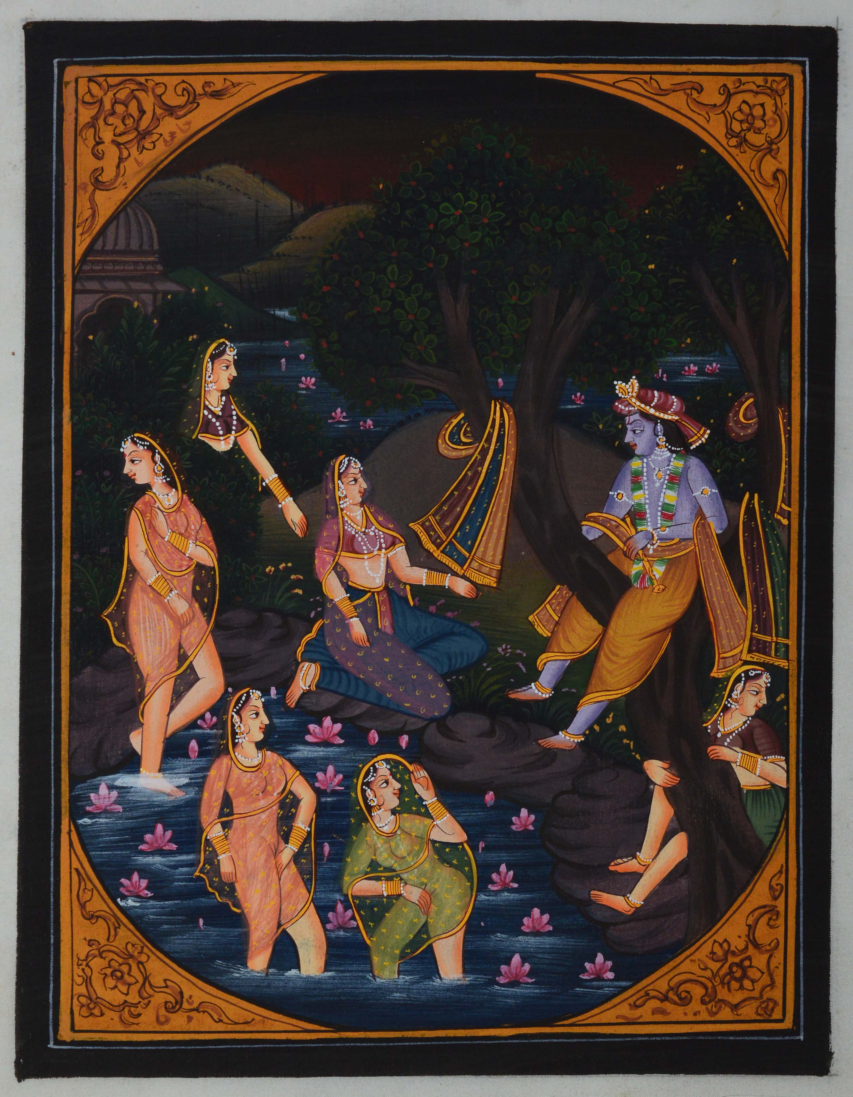 Krishna Playing with Gopis in Pond Original Art Silk Painting