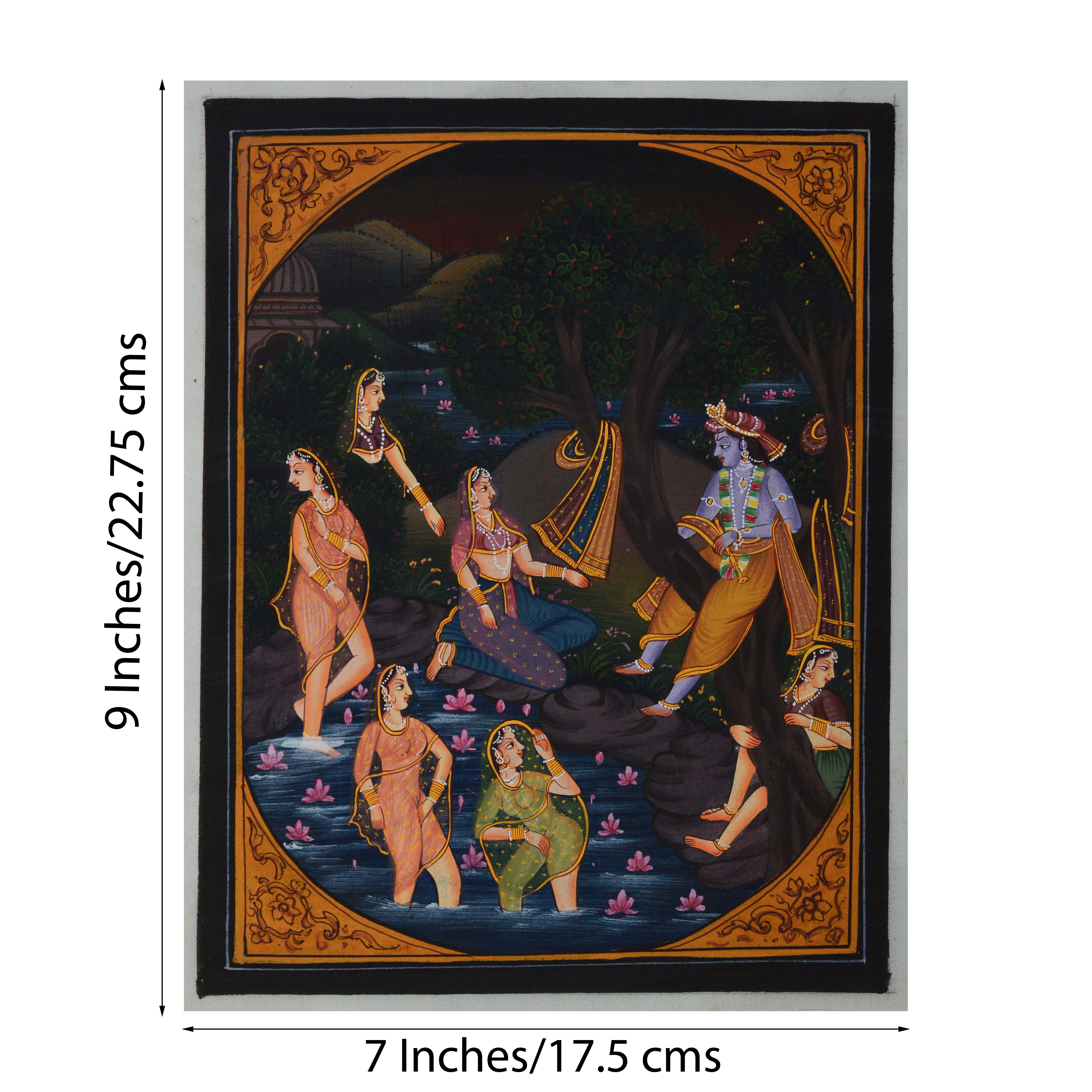 Krishna Playing with Gopis in Pond Original Art Silk Painting 1