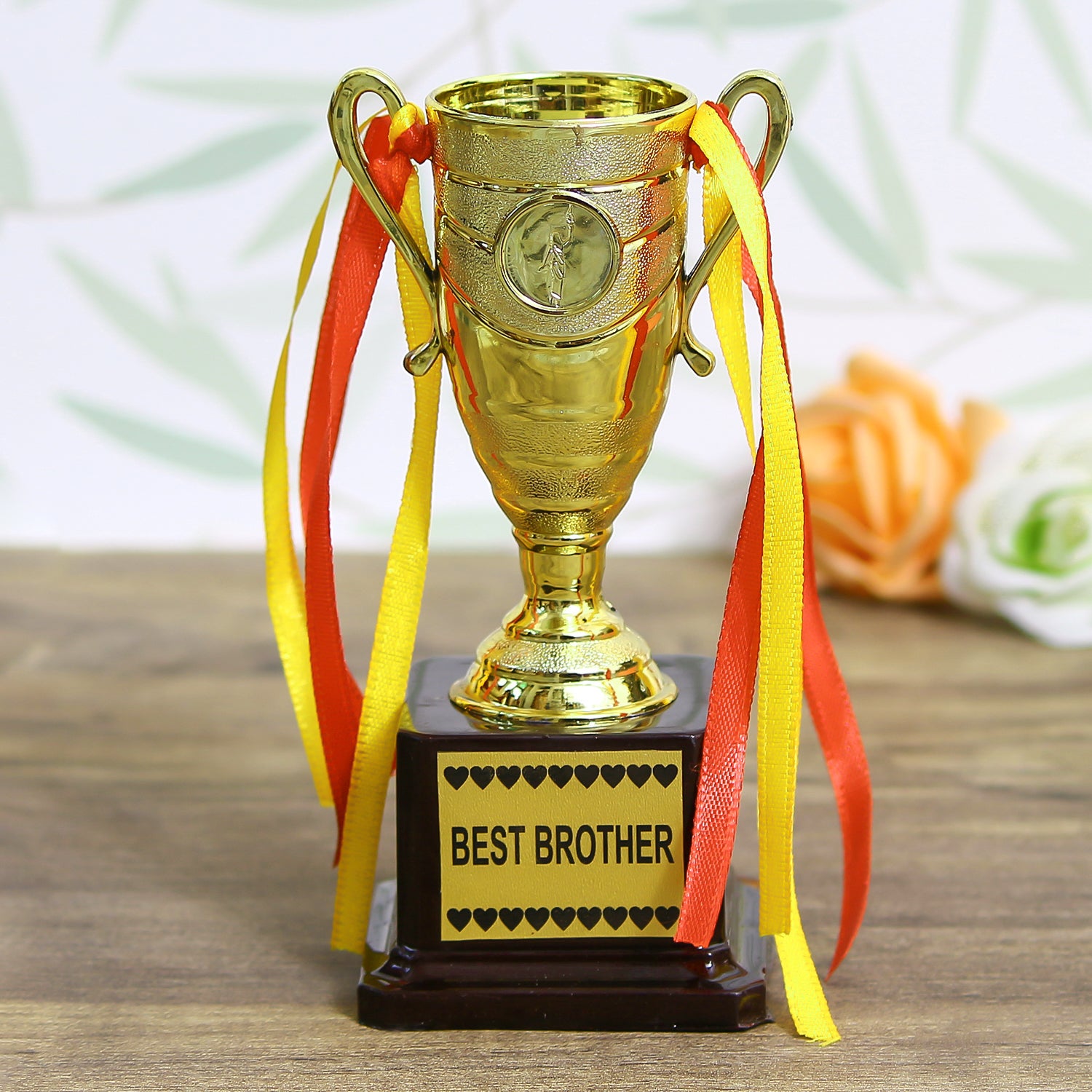 Designer Handcrafted Rakhi with Best Brother Trophy and Roli Chawal Pack 3