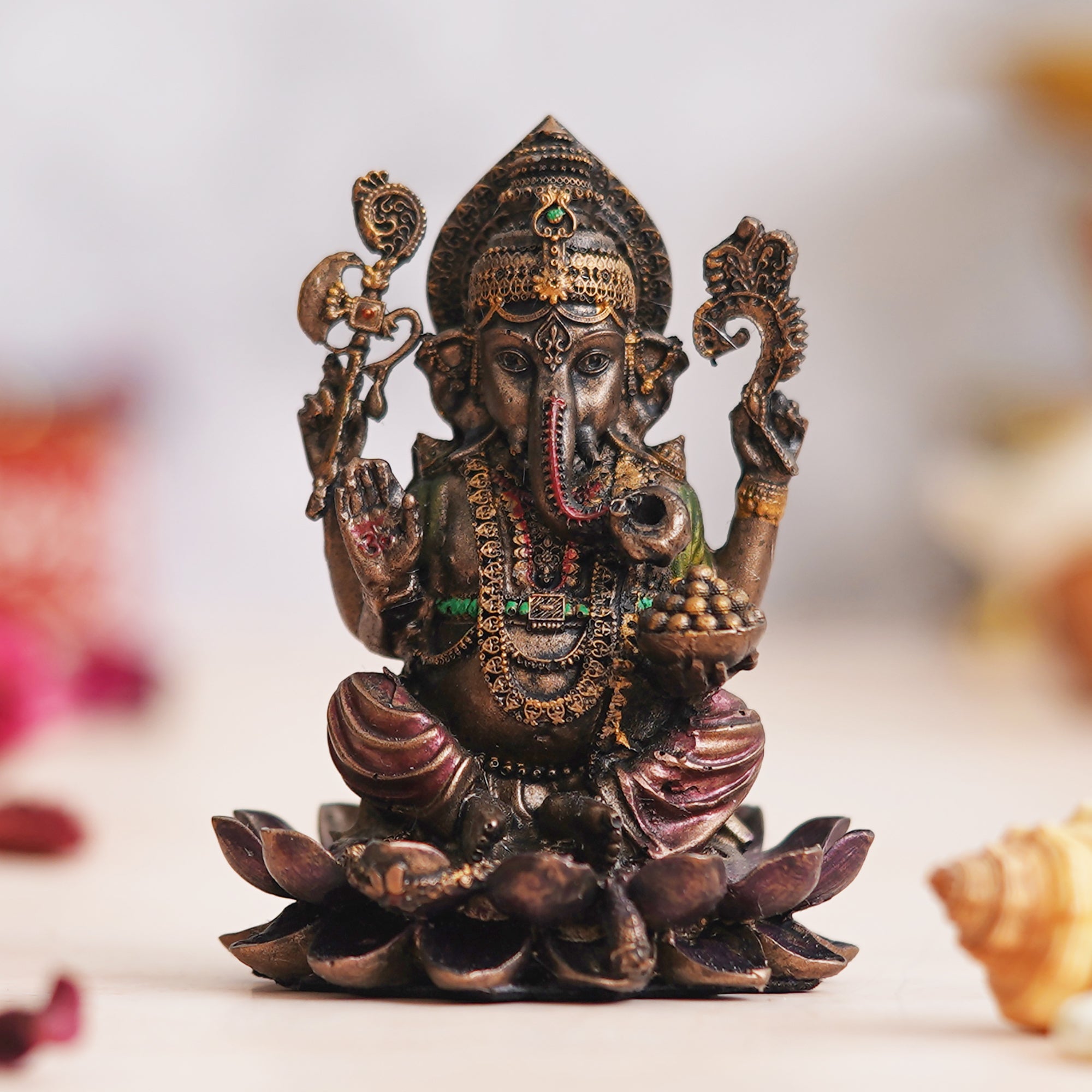 eCraftIndia Brown & Golden Polyresin Handcrafted Lord Ganesha Statue Sitting On Lotus 4