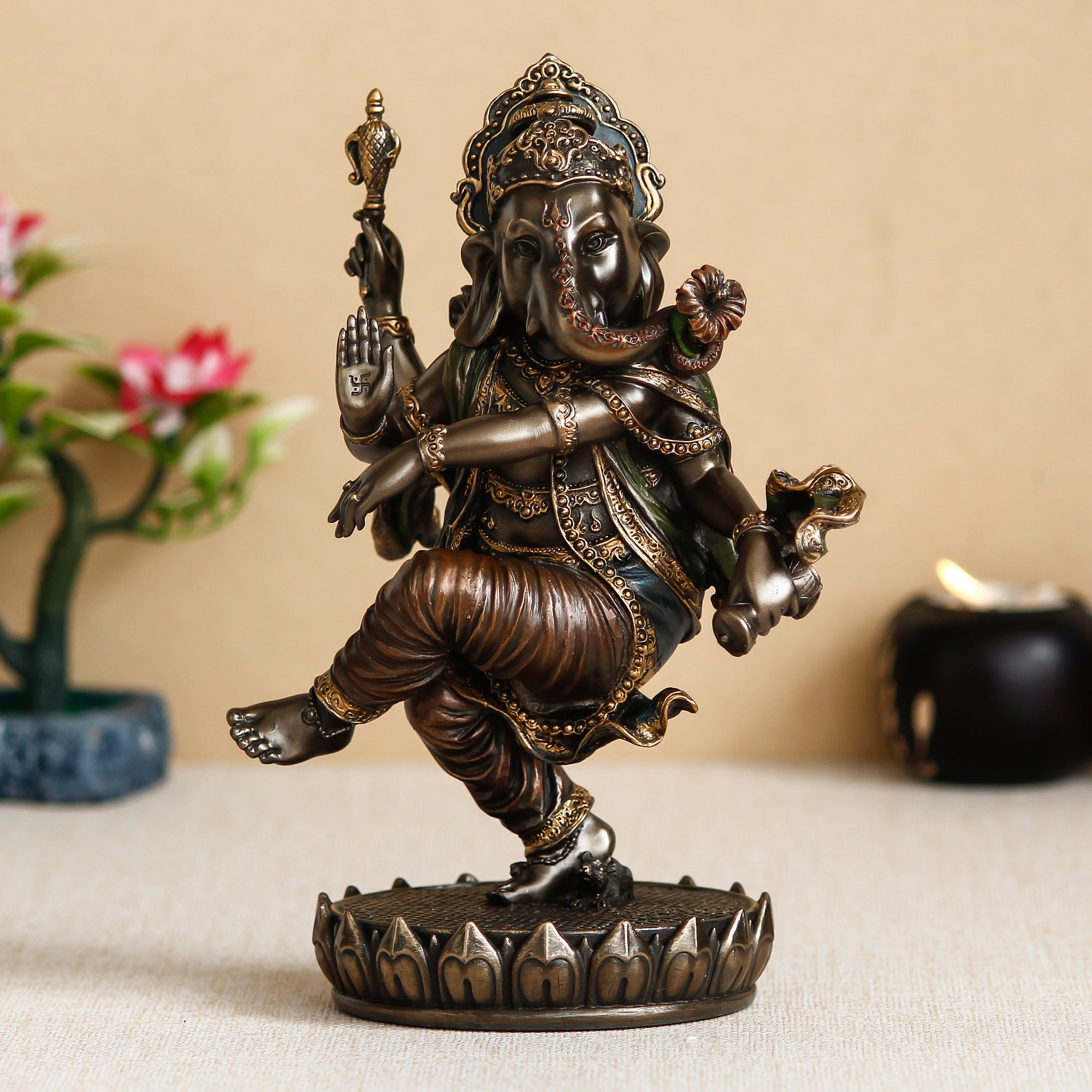 Brown Polyresin and Bronze Dancing Lord Ganesha Idol