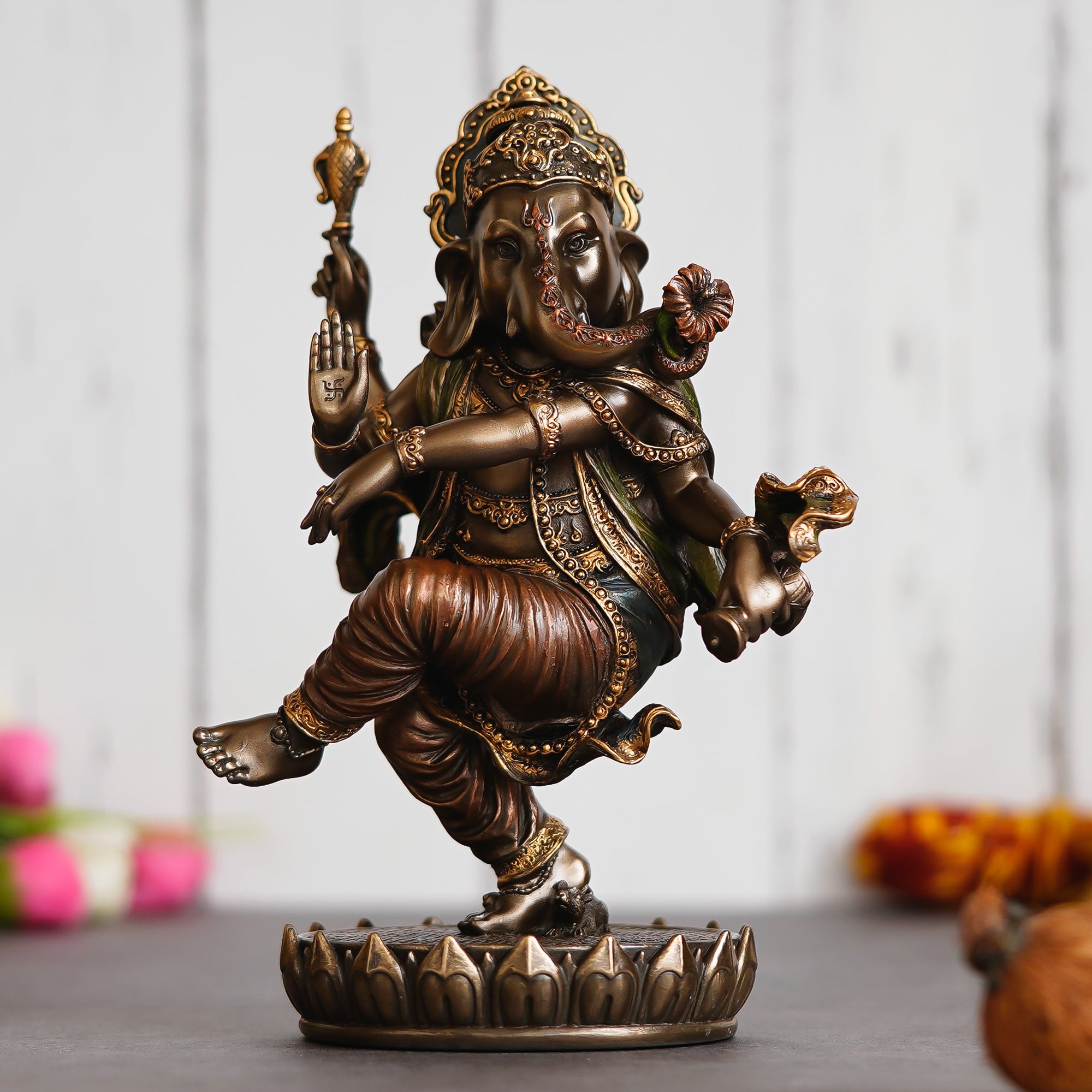 Brown Polyresin and Bronze Dancing Lord Ganesha Idol 1