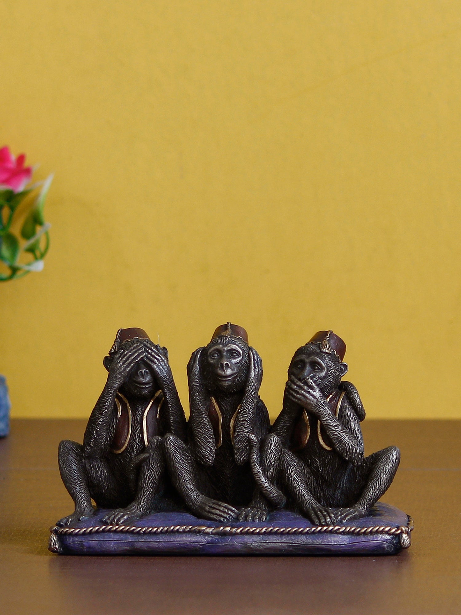 Polyresin and Bronze Brown Set Of 3 Wise Monkeys Showpiece Decorative Animal Figurine 1