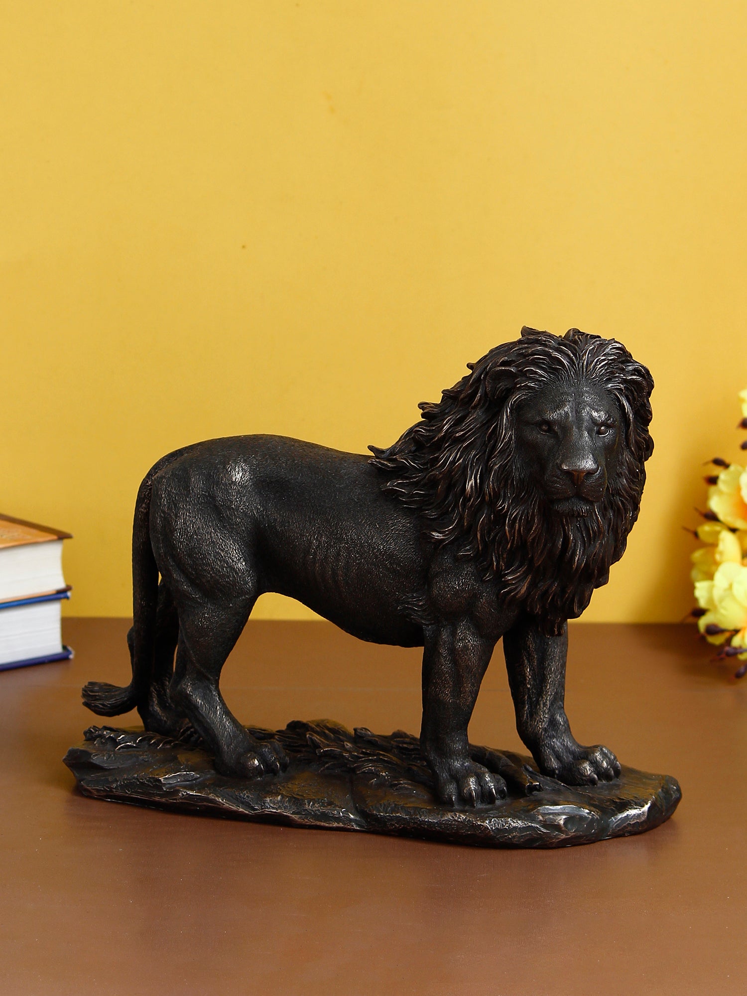 Polyresin and Bronze Black Carved Brave Lion Showpiece Decorative Animal Figurine