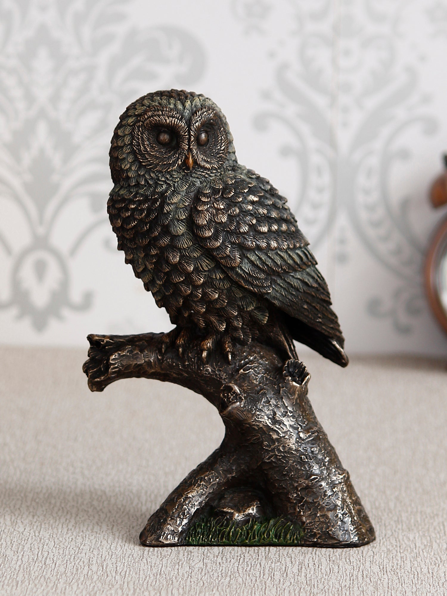 Polyresin and Bronze Black Carved Owl Showpiece Sitting on Branch Decorative Bird Figurine