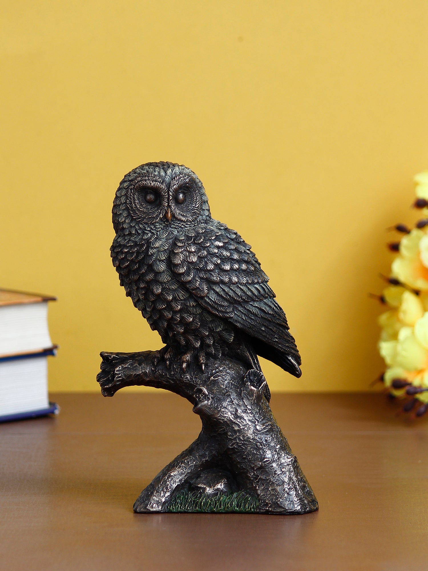 Polyresin and Bronze Black Carved Owl Showpiece Sitting on Branch Decorative Bird Figurine 1