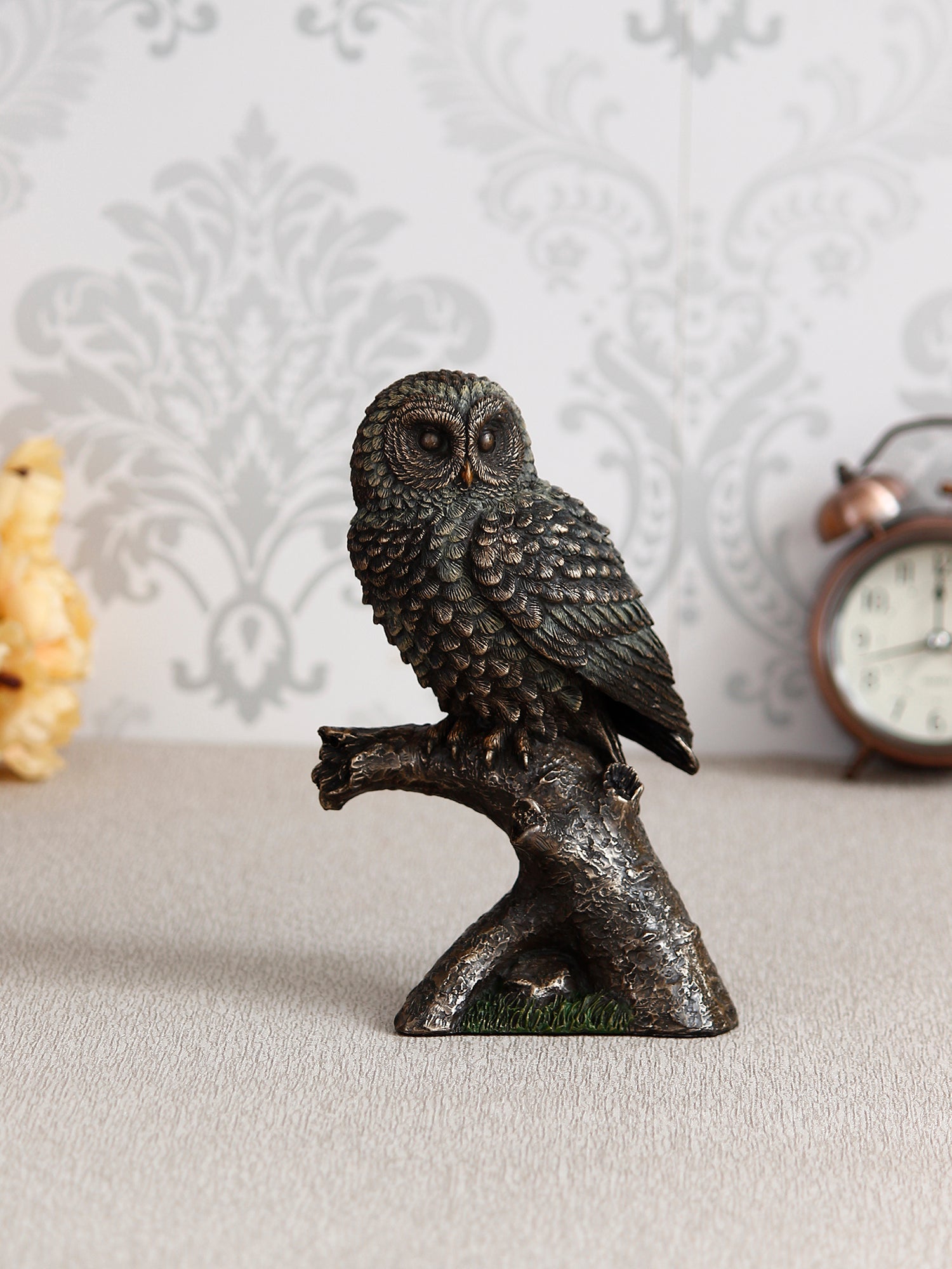 Polyresin and Bronze Black Carved Owl Showpiece Sitting on Branch Decorative Bird Figurine 2