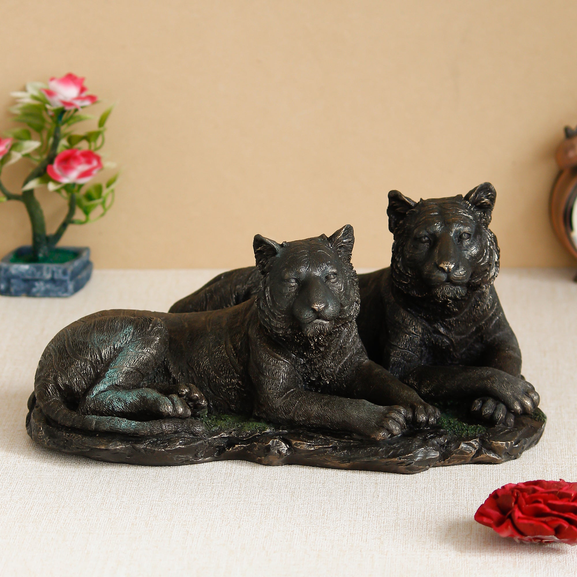 Polyresin and Bronze Decorative Black Tiger & Tigress Figurine