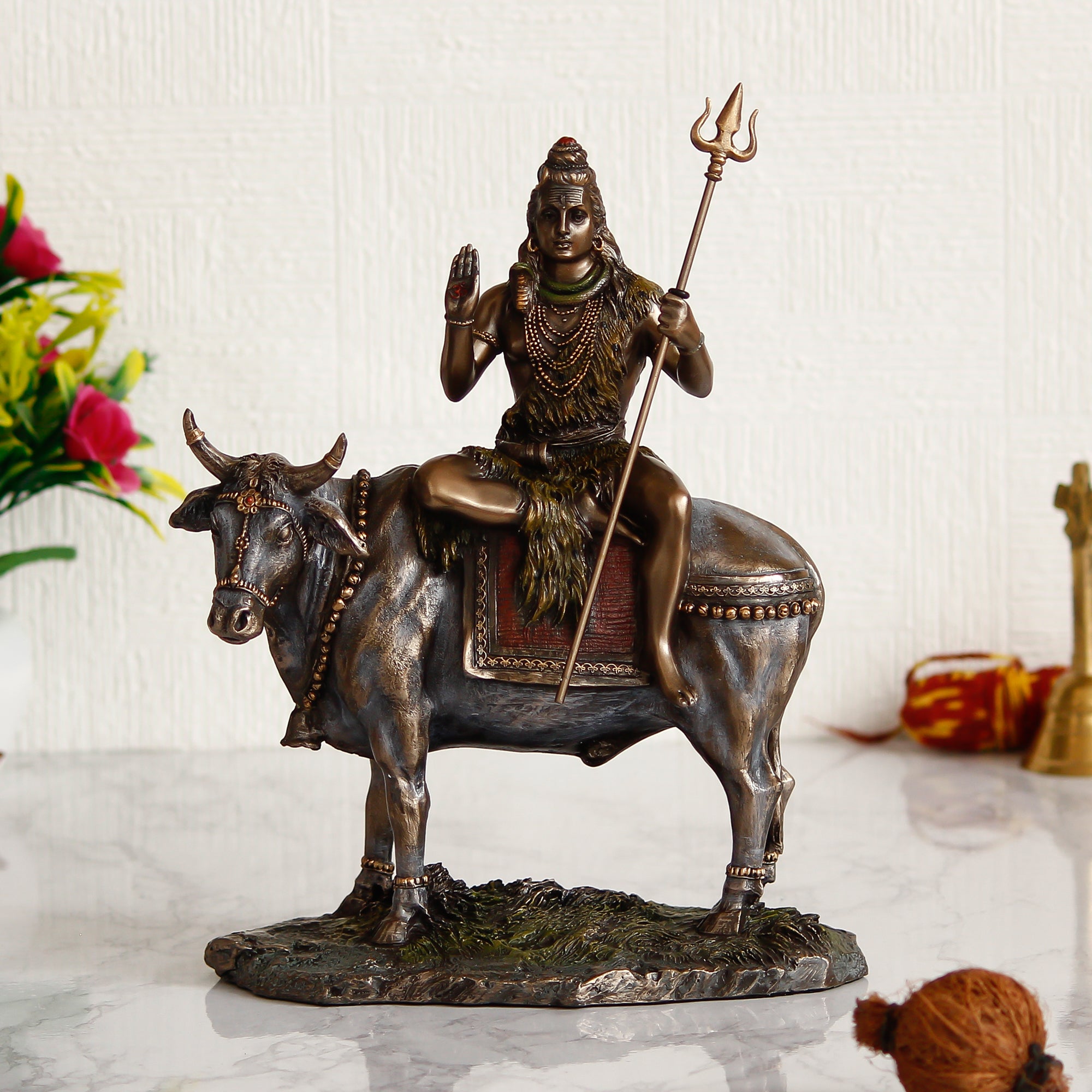 Polyresin and Bronze Lord Shiva statue sitting on Nandi 1