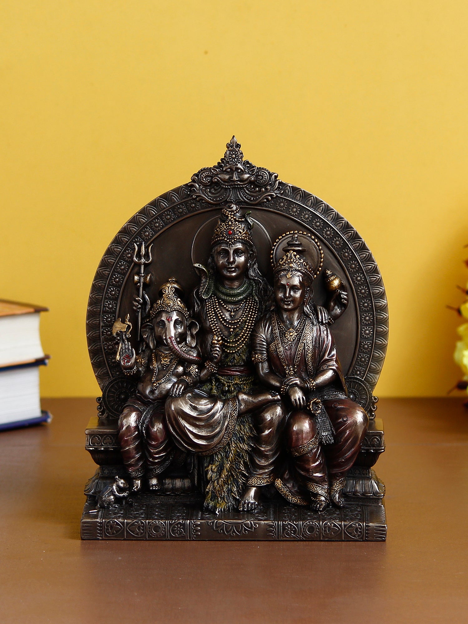 Lord Shiva Parivar Sitting on Singhasan Polyresin and Bronze Decorative murti/statue 1