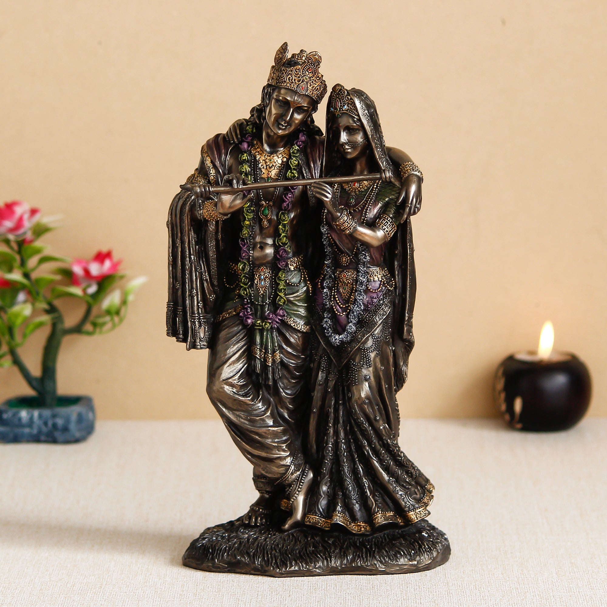 Polyresin and Bronze Decorative Radha Krishna Playing Flute Statue (Brown and Golden) 1