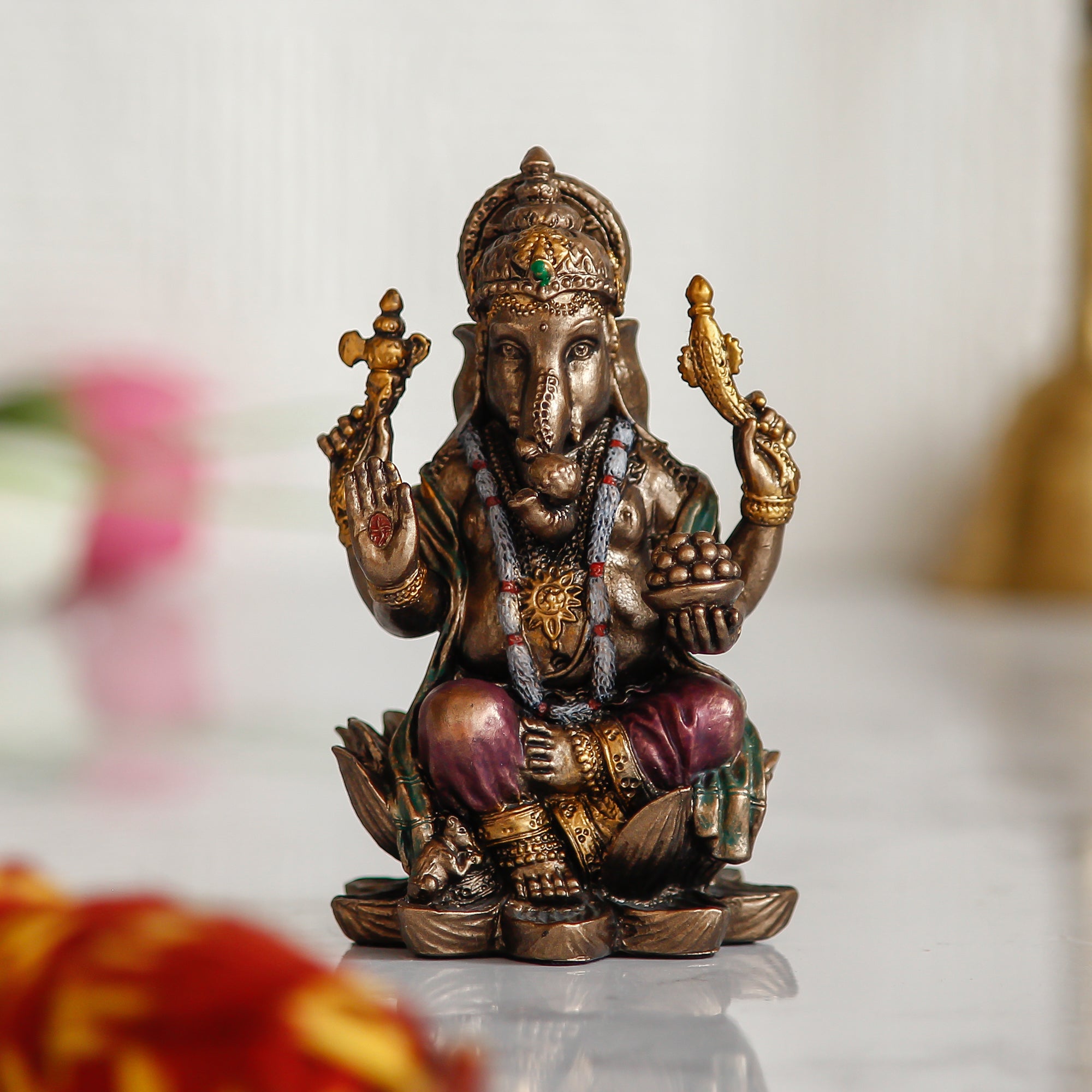 Brown Polyresin and Bronze Bhujadhari Lord Ganesha Idol On Lotus Flower