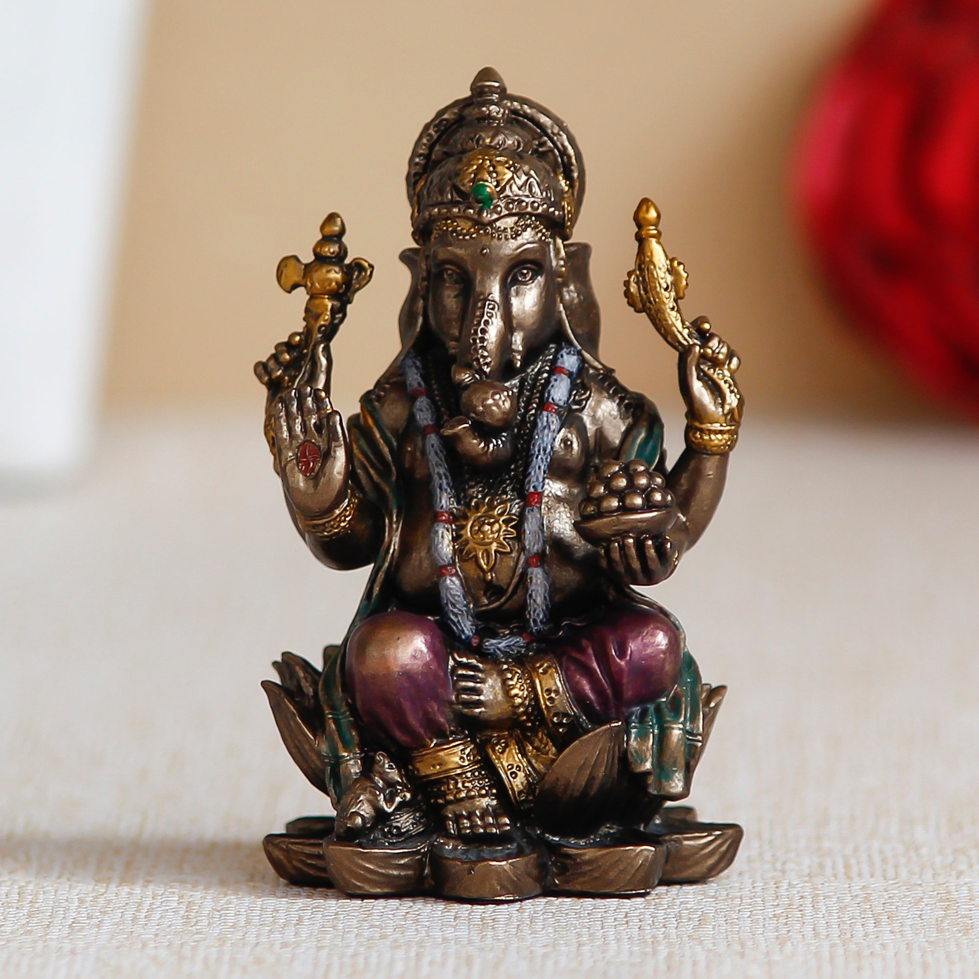Brown Polyresin and Bronze Bhujadhari Lord Ganesha Idol On Lotus Flower 1