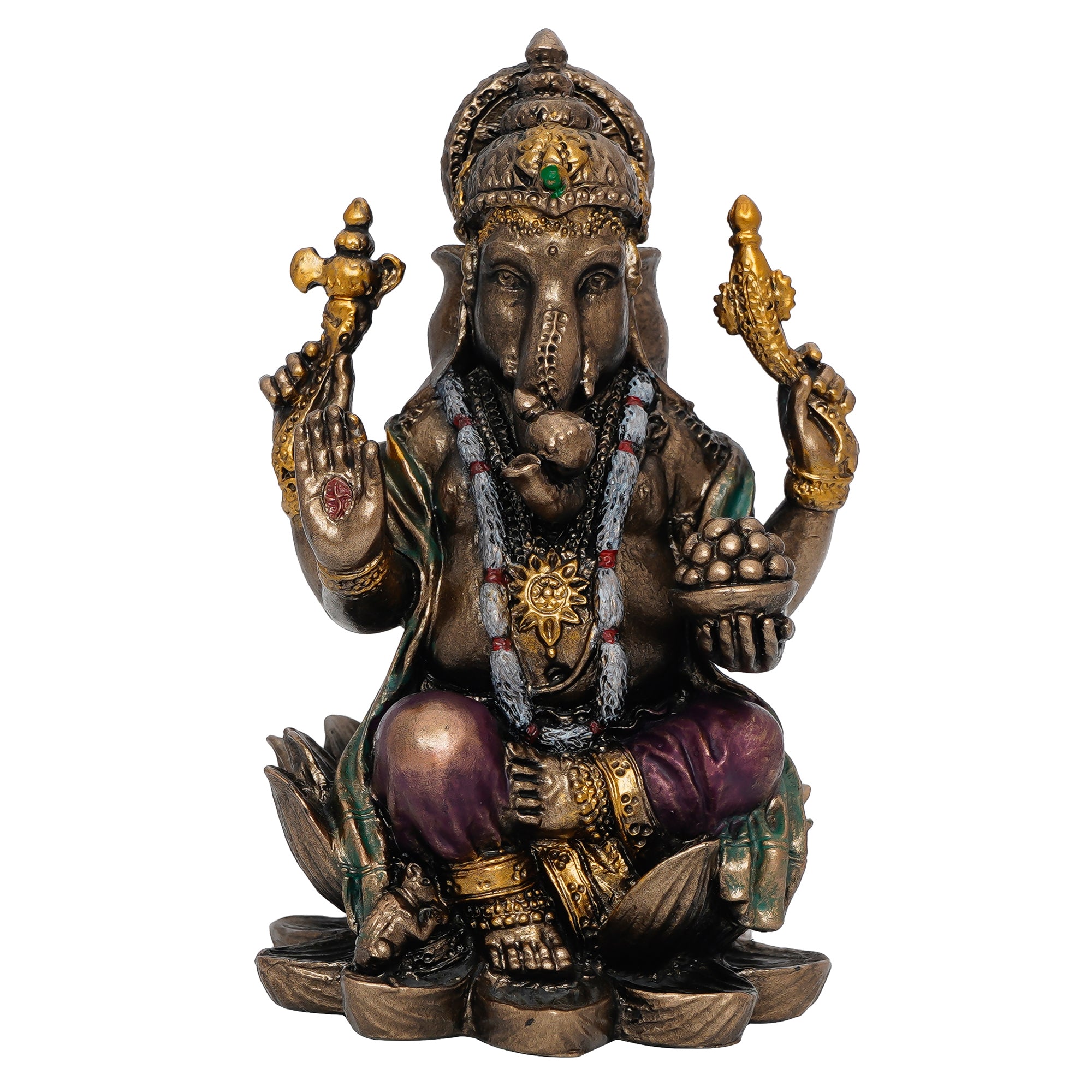 Brown Polyresin and Bronze Bhujadhari Lord Ganesha Idol On Lotus Flower 2