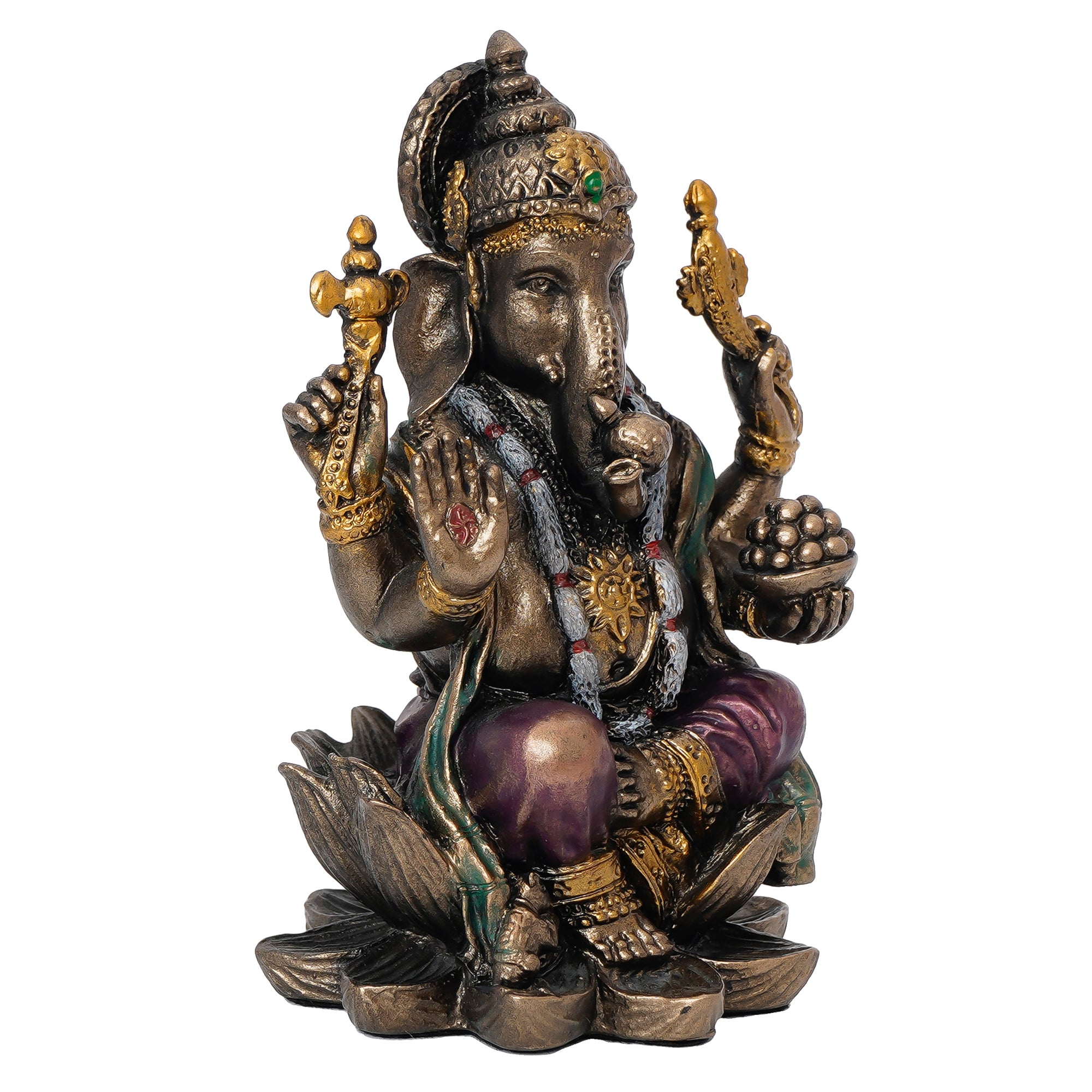 Brown Polyresin and Bronze Bhujadhari Lord Ganesha Idol On Lotus Flower 4