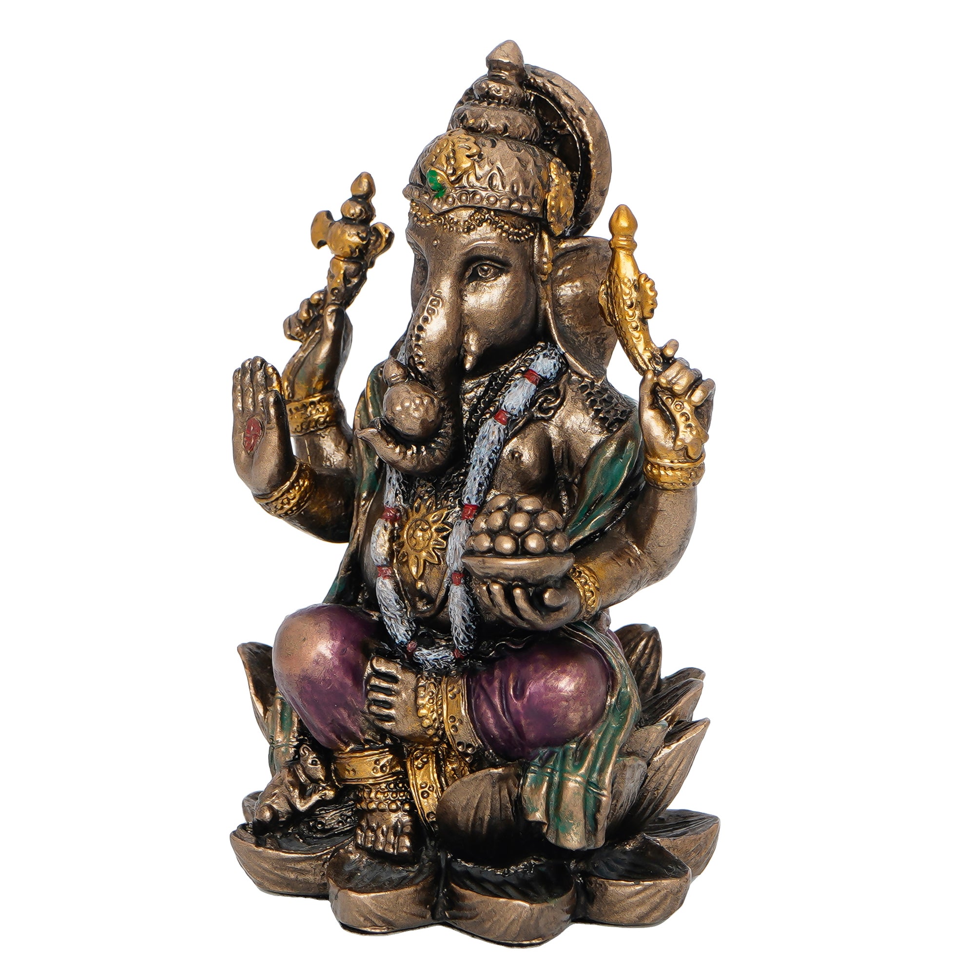 Brown Polyresin and Bronze Bhujadhari Lord Ganesha Idol On Lotus Flower 5