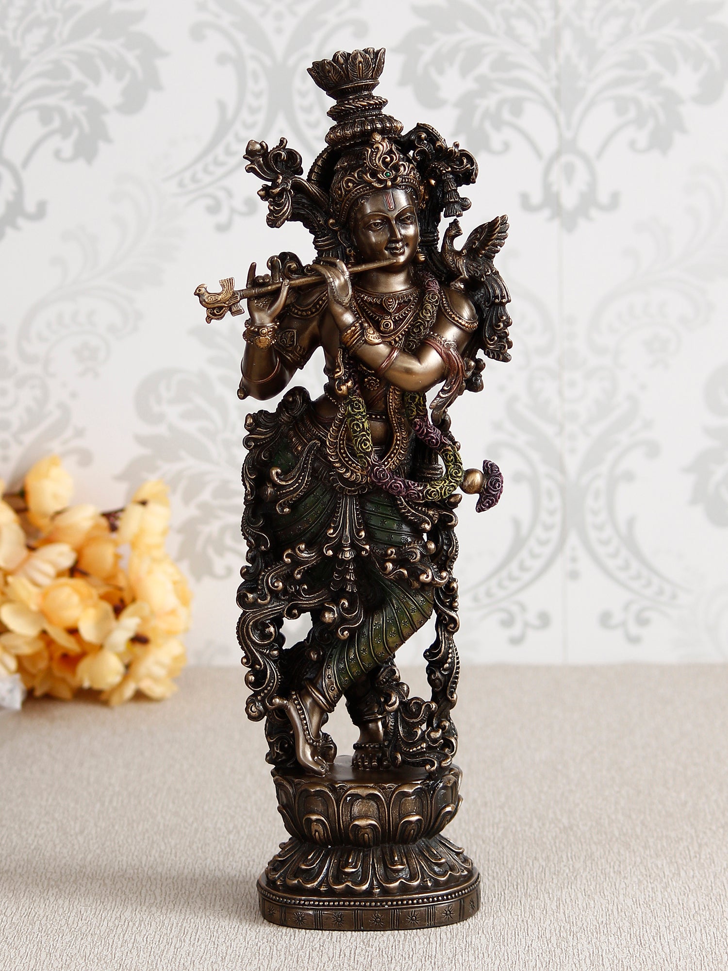 Brown Polyresin and Bronze Decorative Ethnic Carved Dancing Lord Krishna Playing Flute Figurine