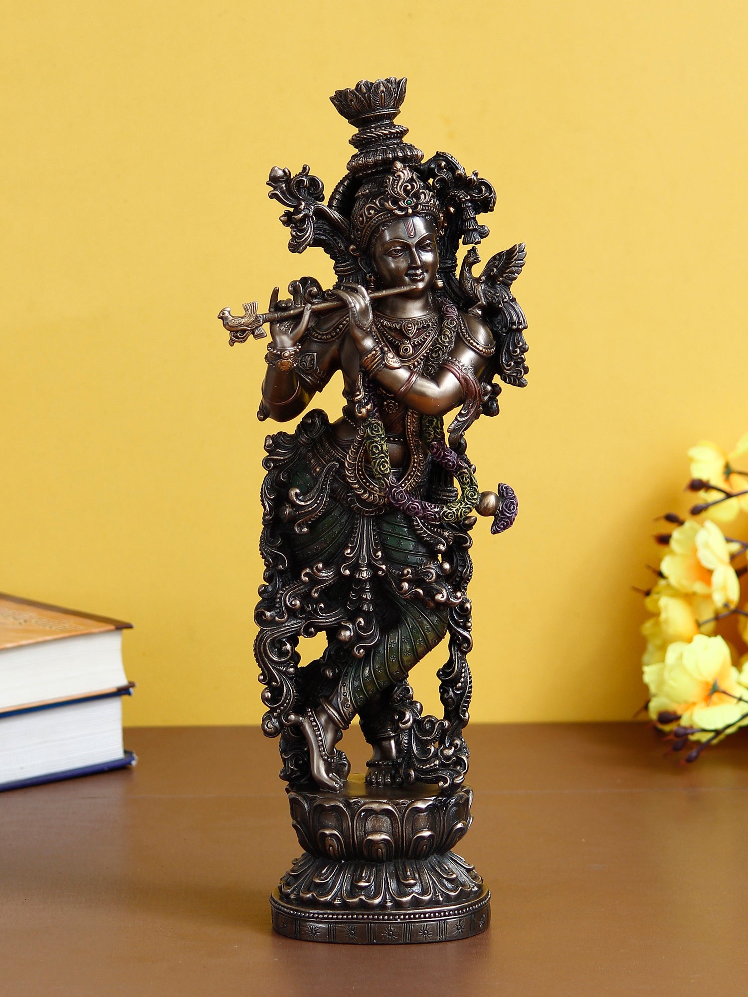 Brown Polyresin and Bronze Decorative Ethnic Carved Dancing Lord Krishna Playing Flute Figurine 1