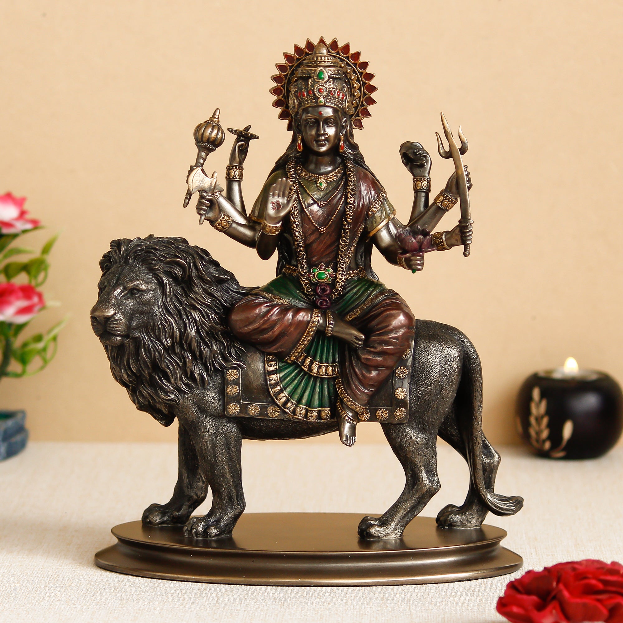 Brown Polyresin and Bronze Goddess Durga Idol On Lion Statue