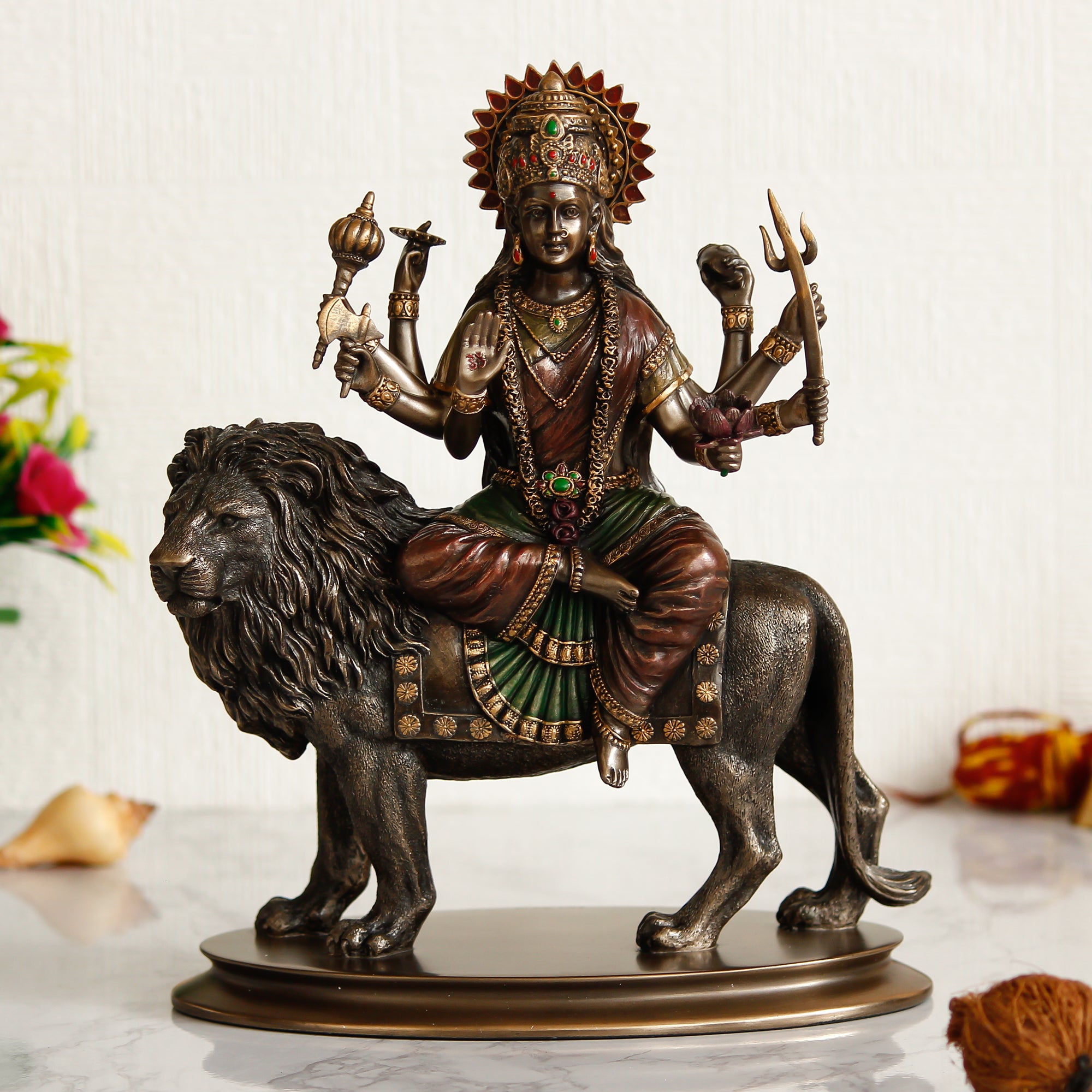 Brown Polyresin and Bronze Goddess Durga Idol On Lion Statue 1