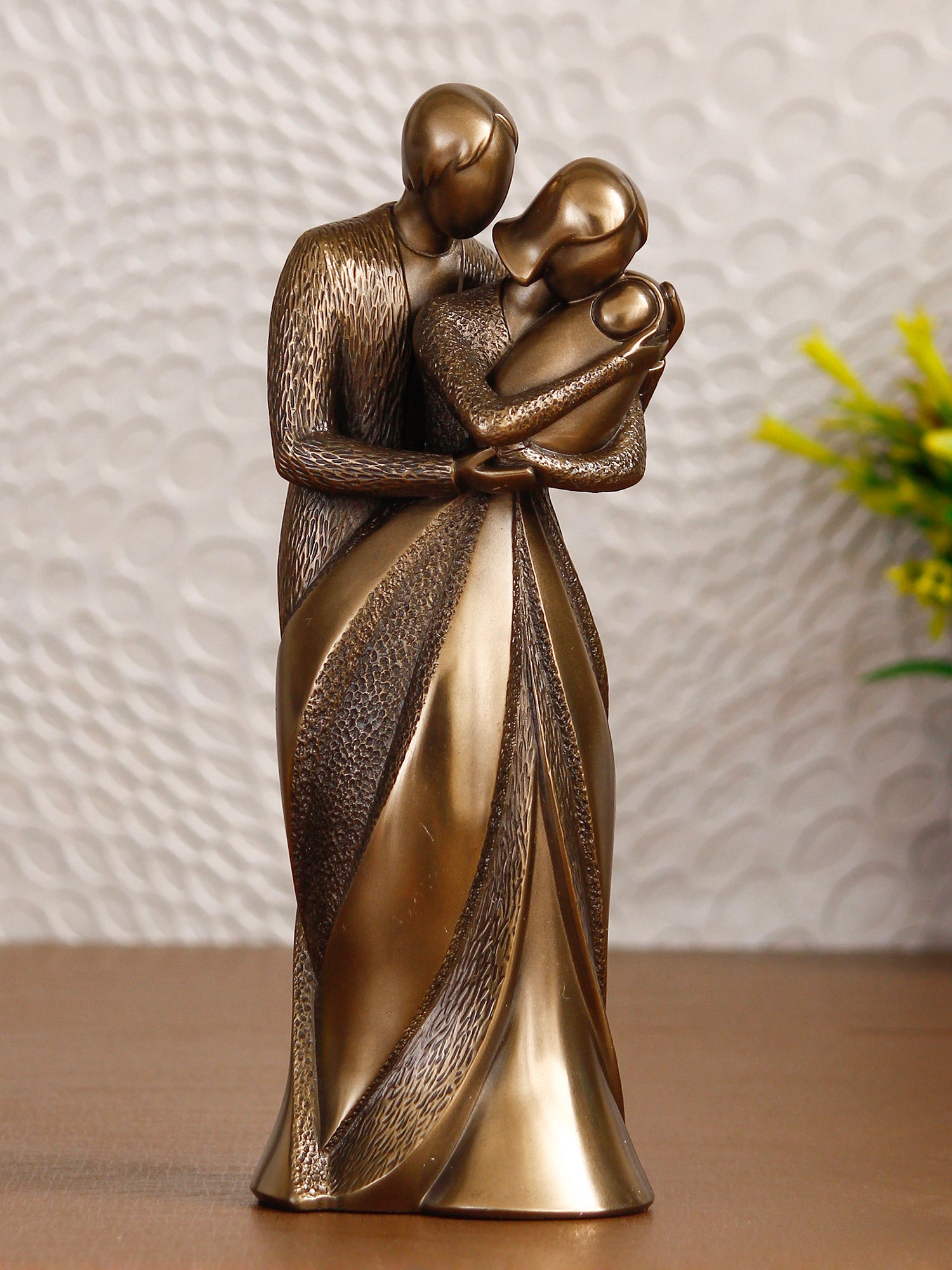 Brown Polyresin and Bronze Beloved Family of Husband, Wife and Kid Human Figurine Decorative Showpiece