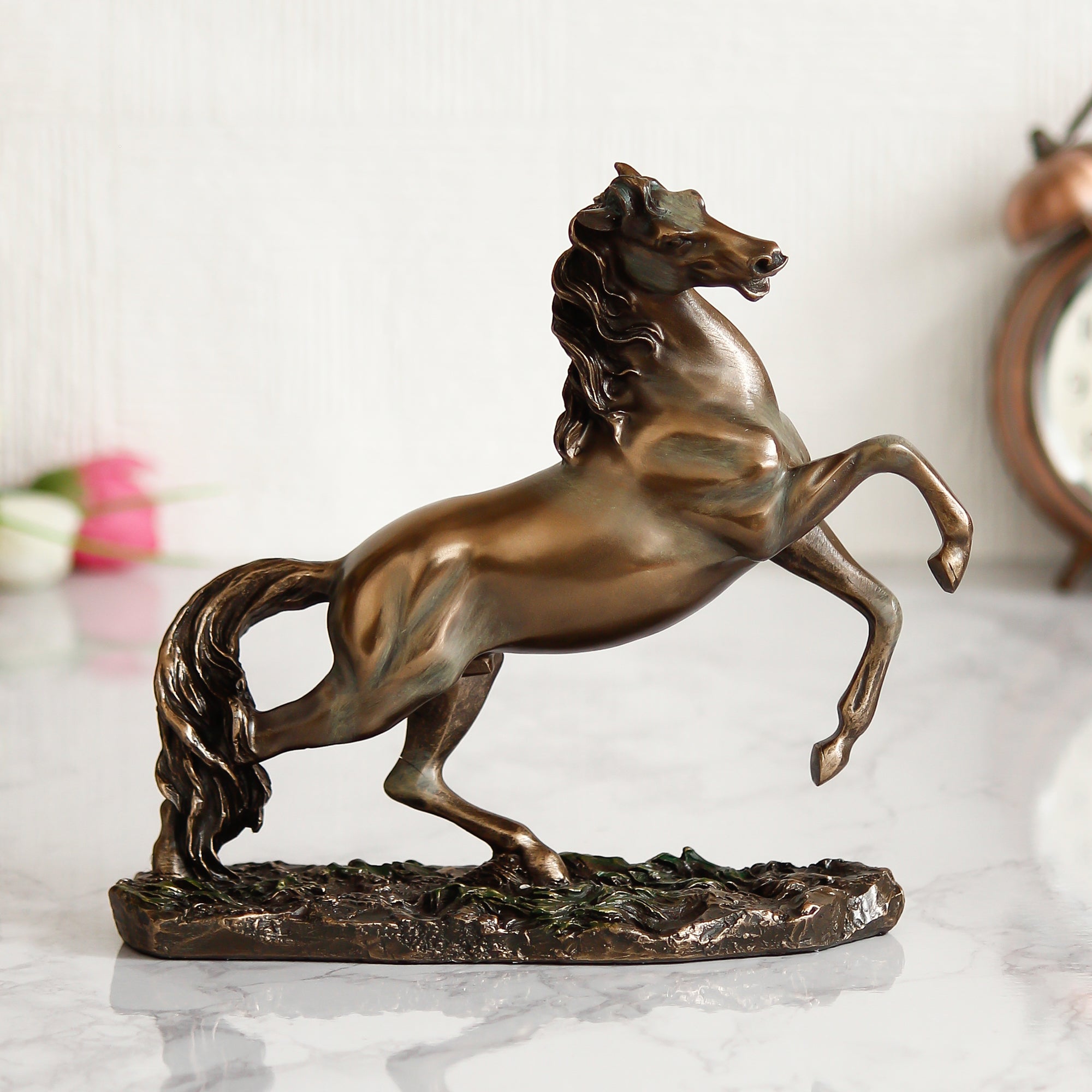 Brown Polyresin and Bronze Running Horse Statue Decorative Animal Figurine Showpiece