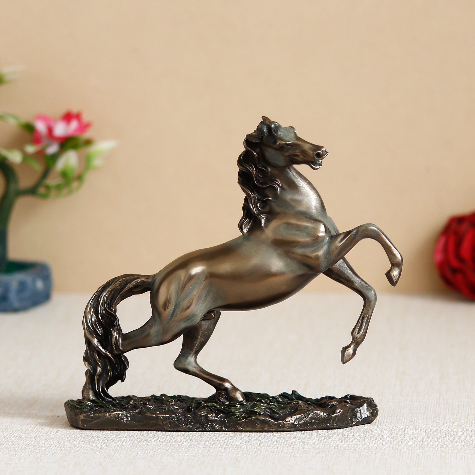 Brown Polyresin and Bronze Running Horse Statue Decorative Animal Figurine Showpiece 1