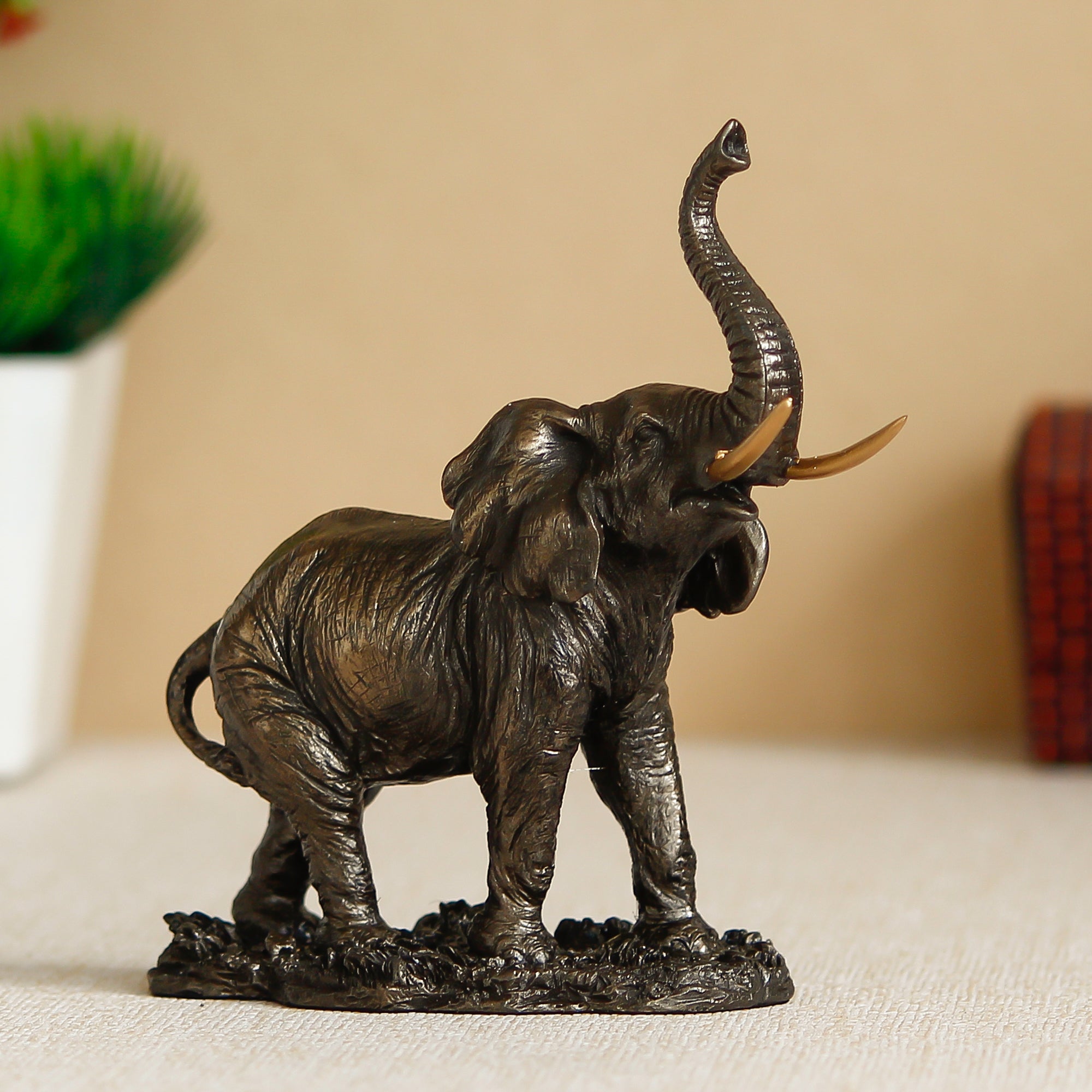 Brown Polyresin and Bronze Trunk up Elephant Statue Decorative Animal Figurine Showpiece 1