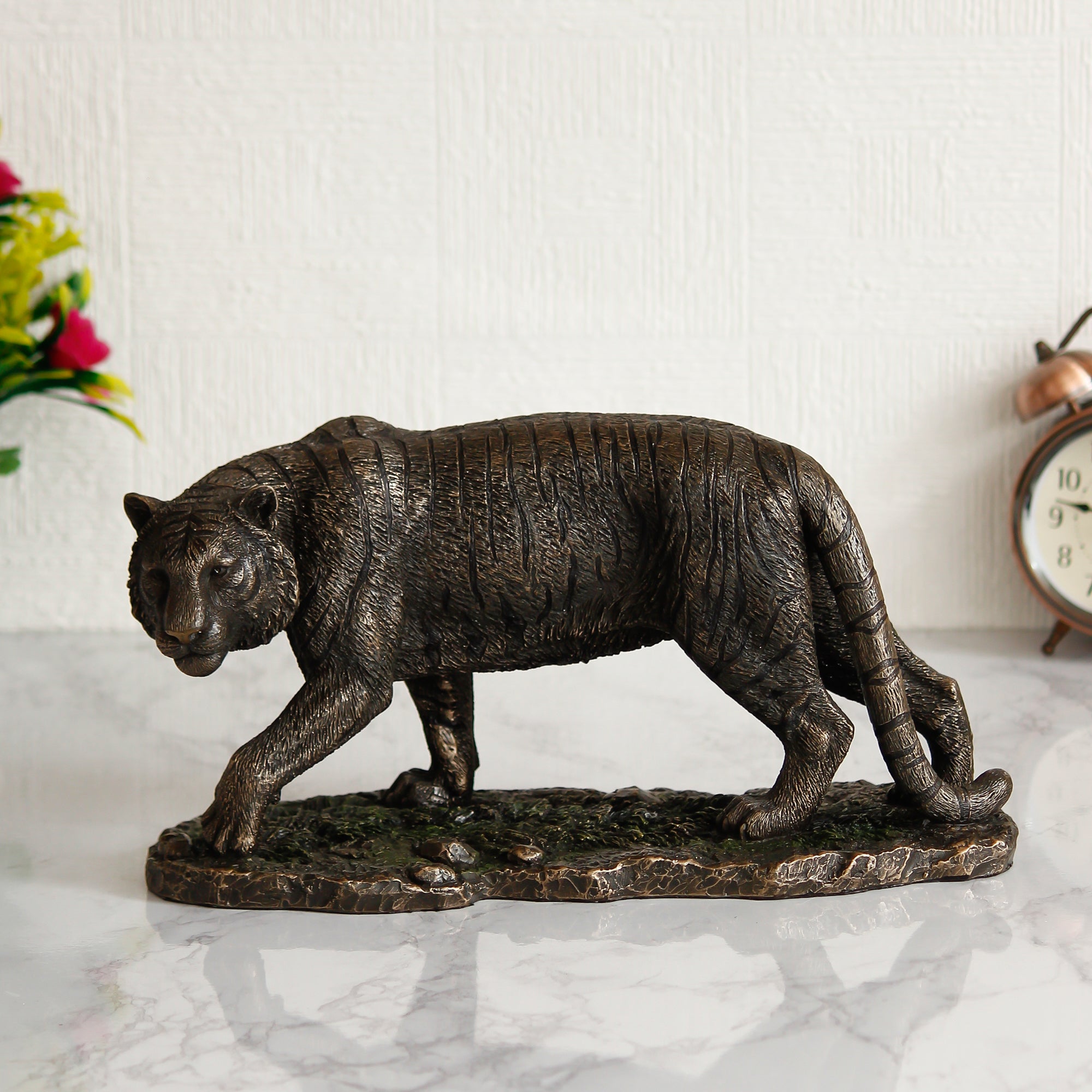 Brown Polyresin and Bronze Tiger Statue Decorative Animal Figurine Showpiece