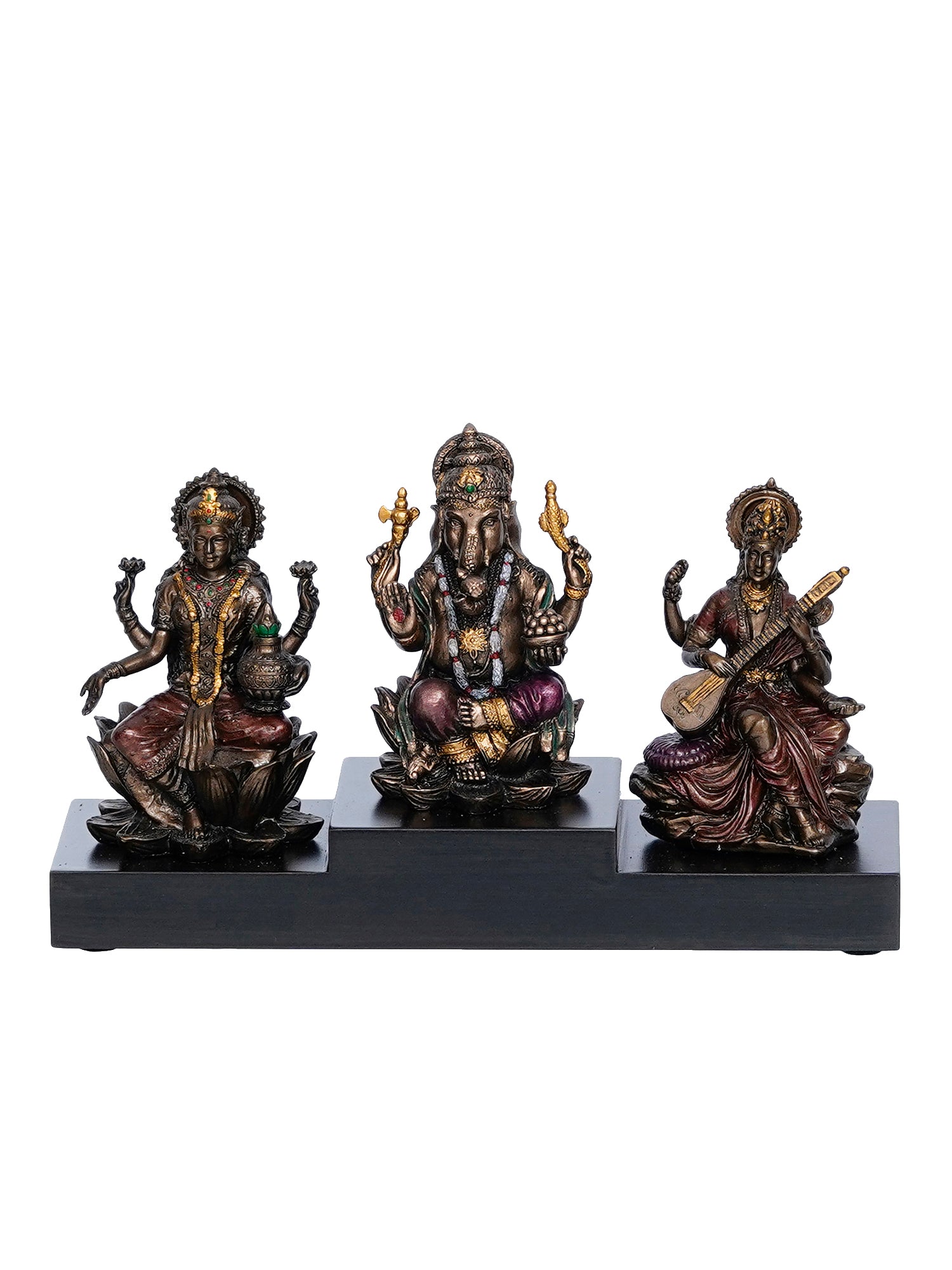 Brown Polyresin and Bronze Lakshmi Ganesha Saraswati Idols on Base 2