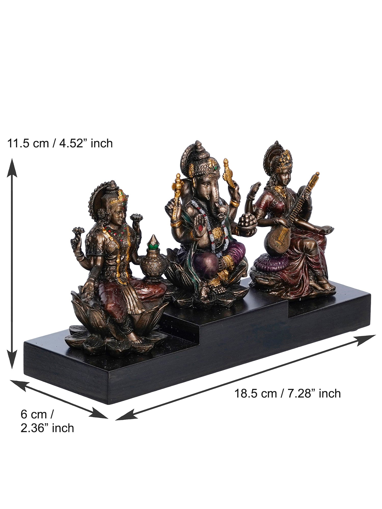 Brown Polyresin and Bronze Lakshmi Ganesha Saraswati Idols on Base 3