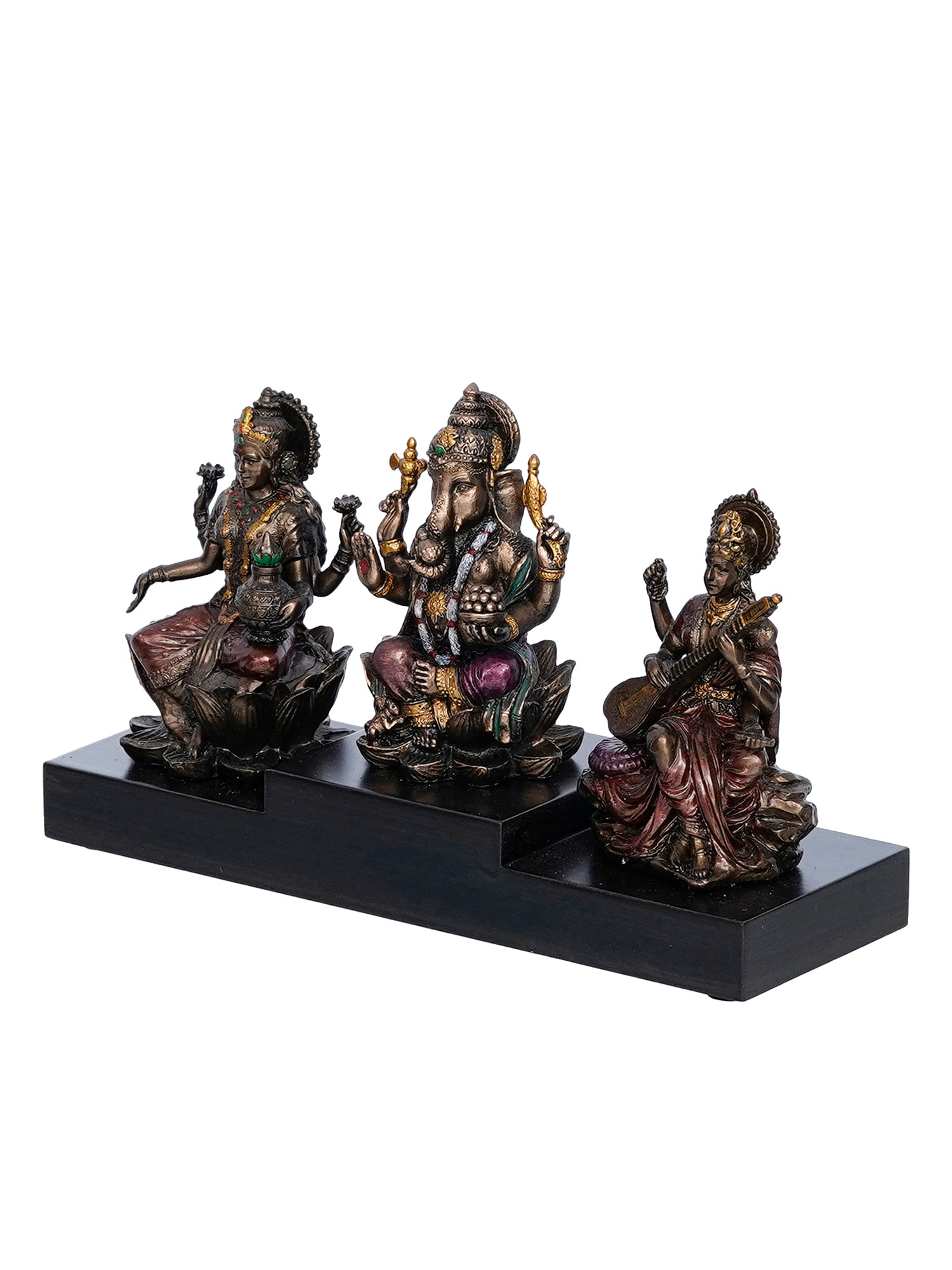 Brown Polyresin and Bronze Lakshmi Ganesha Saraswati Idols on Base 4