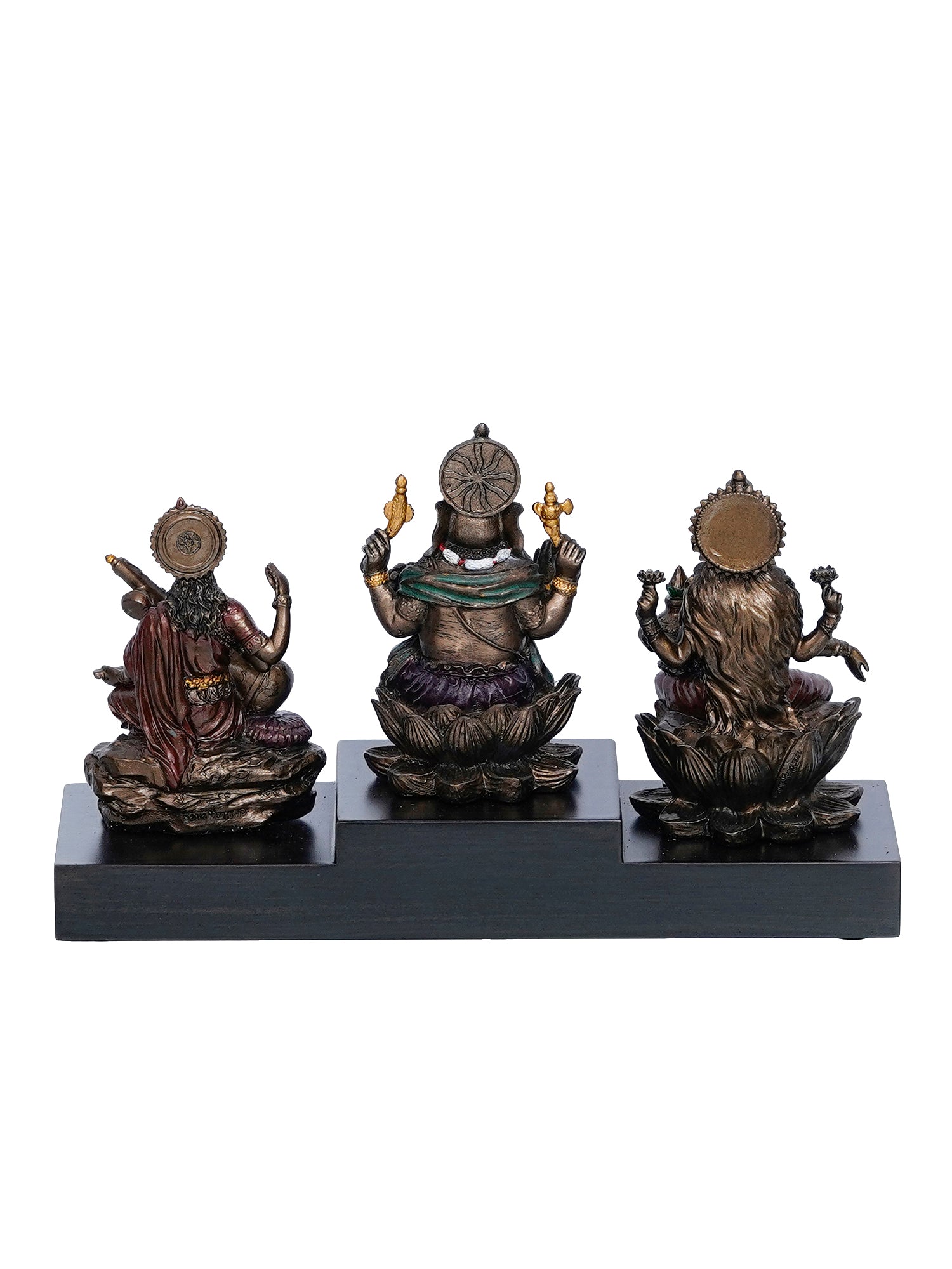 Brown Polyresin and Bronze Lakshmi Ganesha Saraswati Idols on Base 5