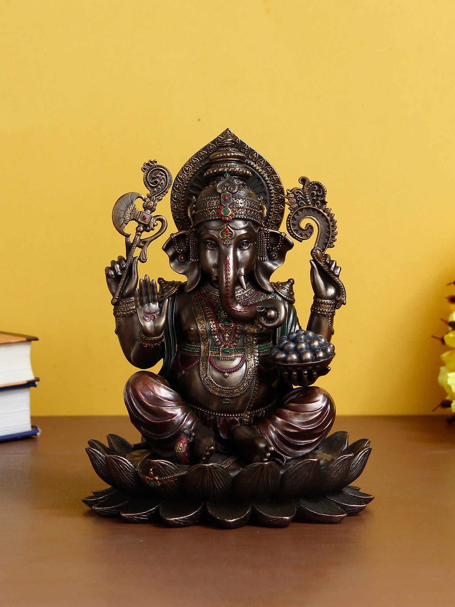Brown Polyresin and Bronze Lord Ganesha Idol on Lotus Flower