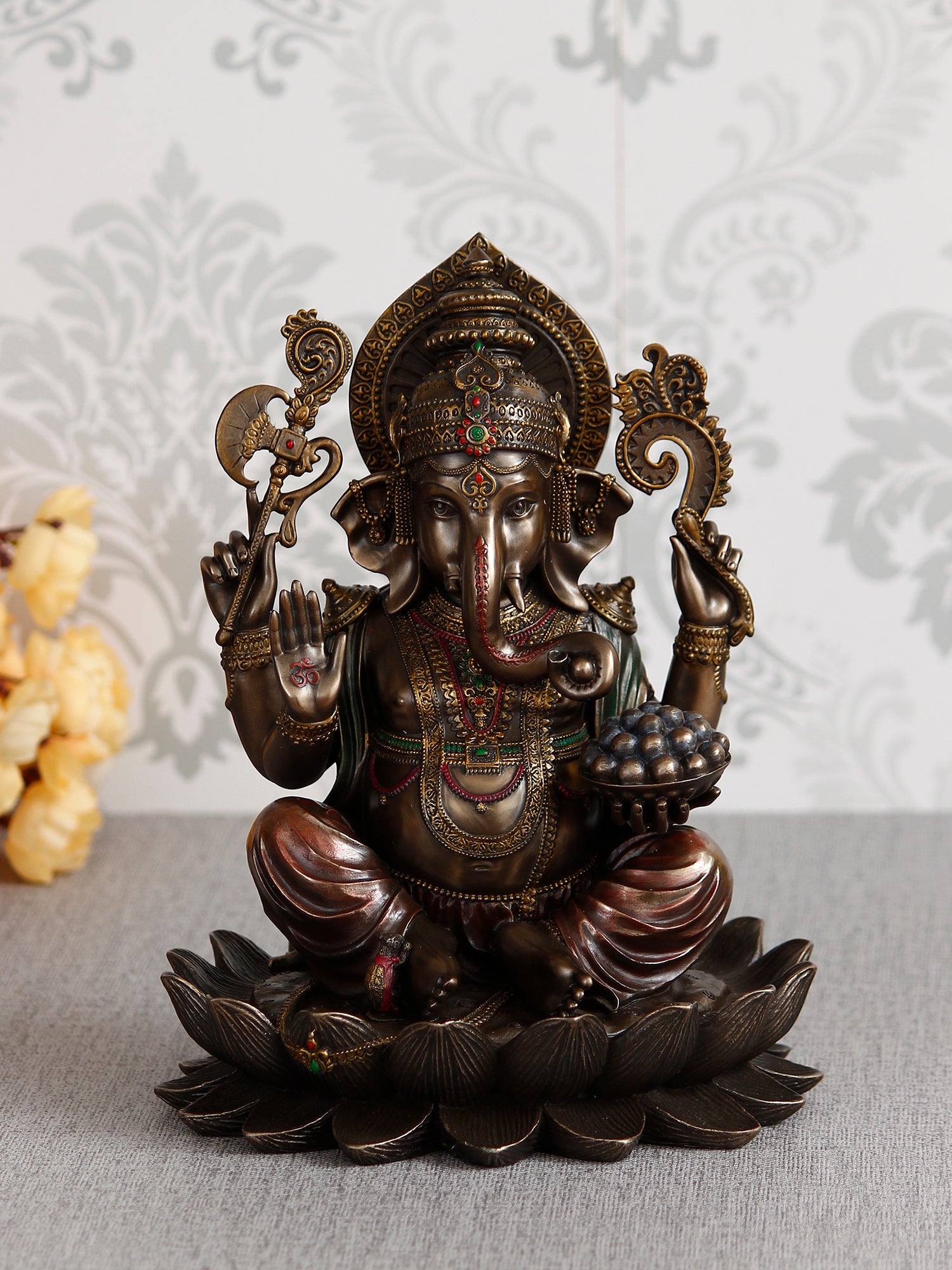 Brown Polyresin and Bronze Lord Ganesha Idol on Lotus Flower 1