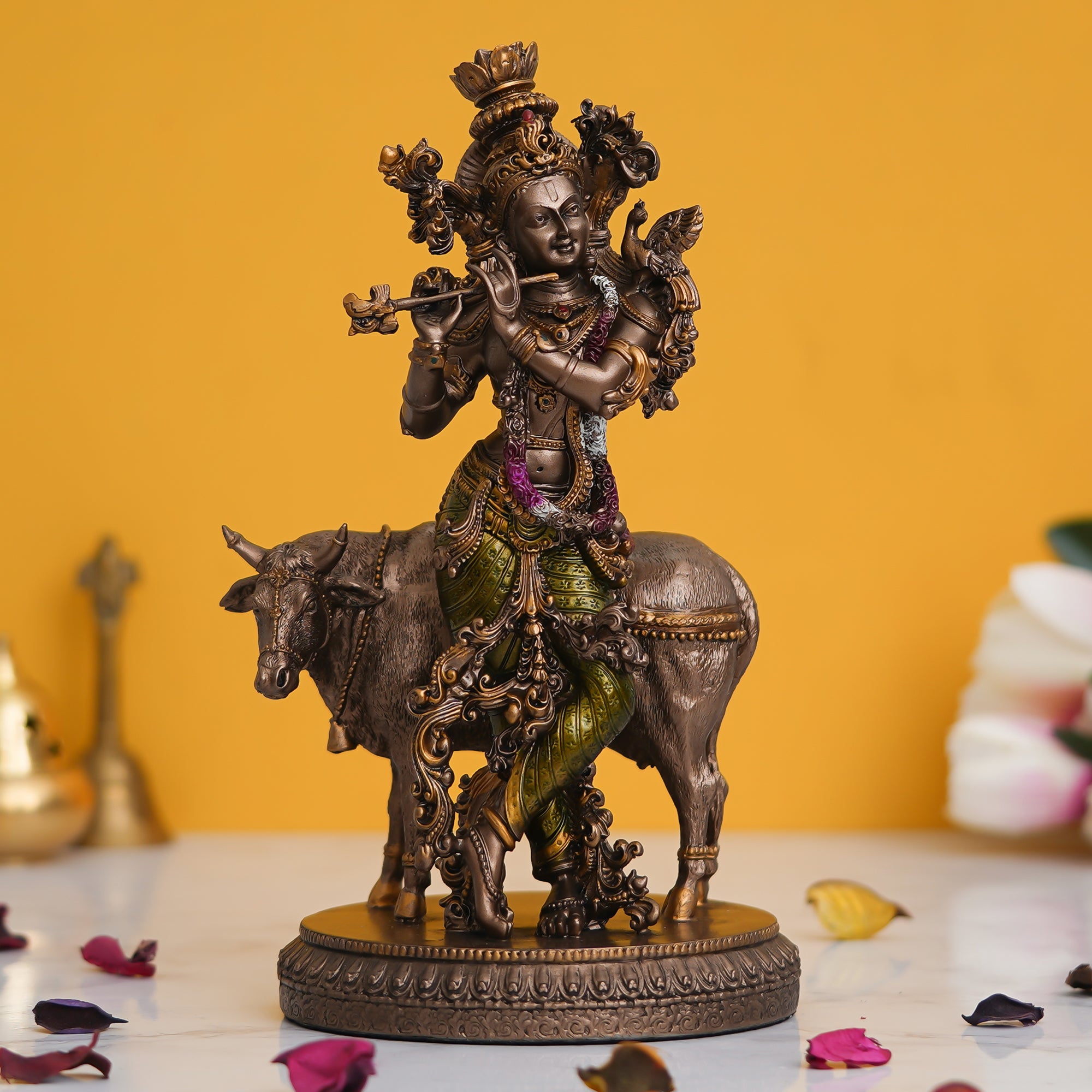 Lord Krishna Playing Flute with Cow Cold Cast Bronze Resin Decorative Figurine