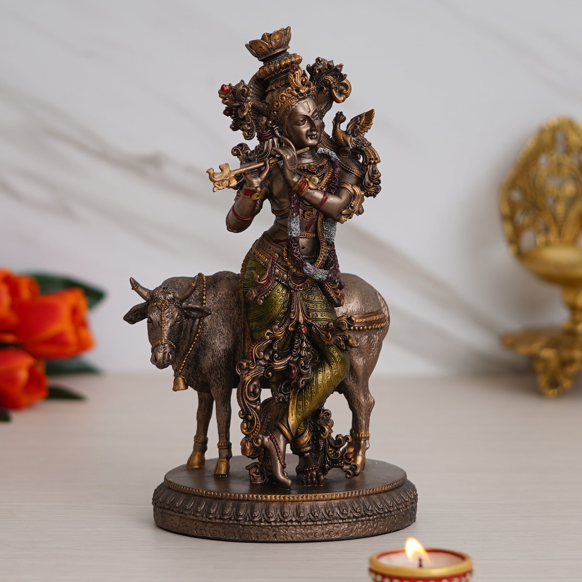 Lord Krishna Playing Flute with Cow Cold Cast Bronze Resin Decorative Figurine 1