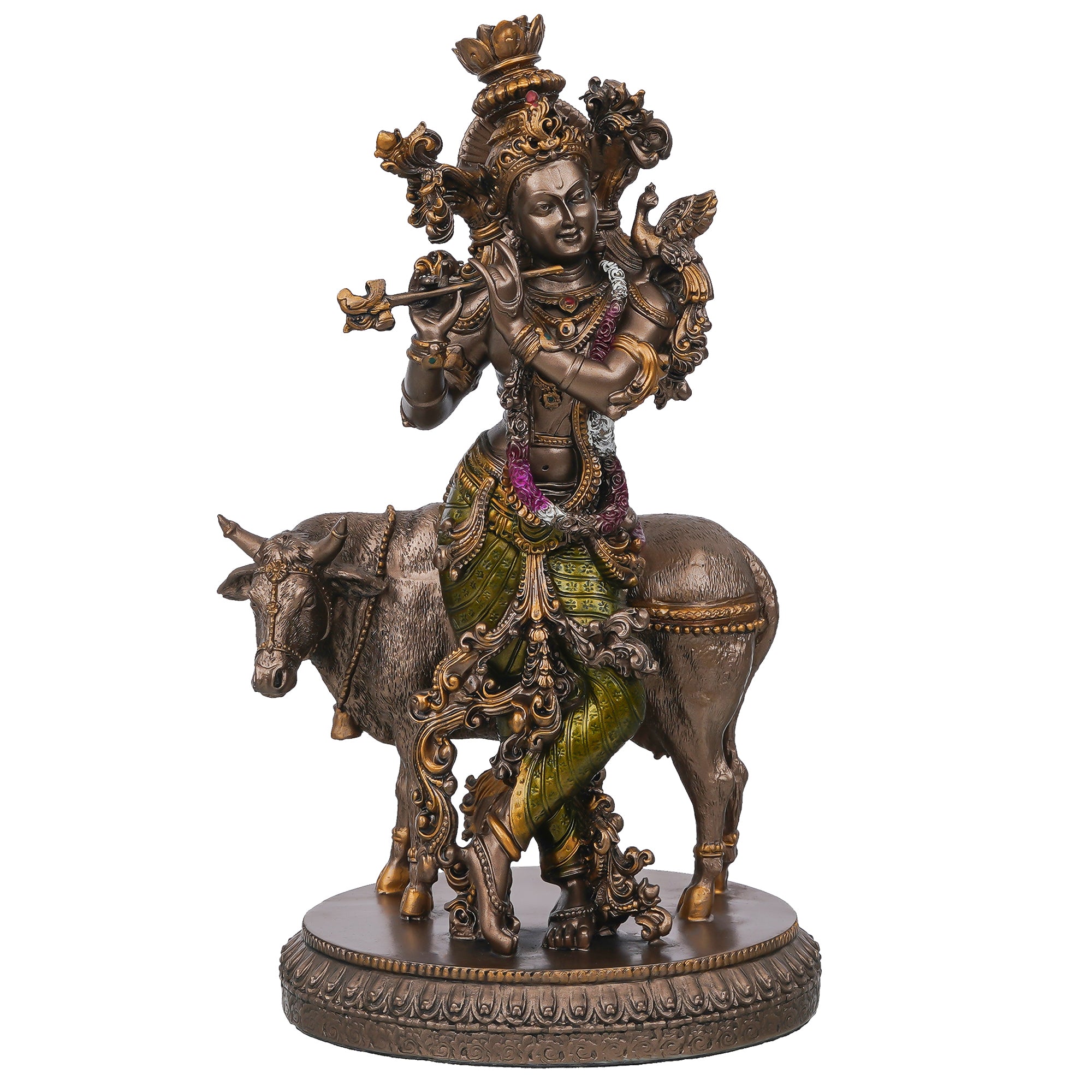 Lord Krishna Playing Flute with Cow Cold Cast Bronze Resin Decorative Figurine 2