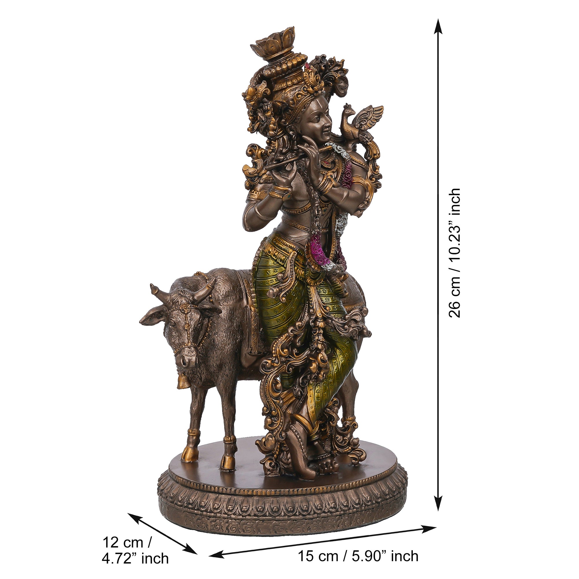 Lord Krishna Playing Flute with Cow Cold Cast Bronze Resin Decorative Figurine 3