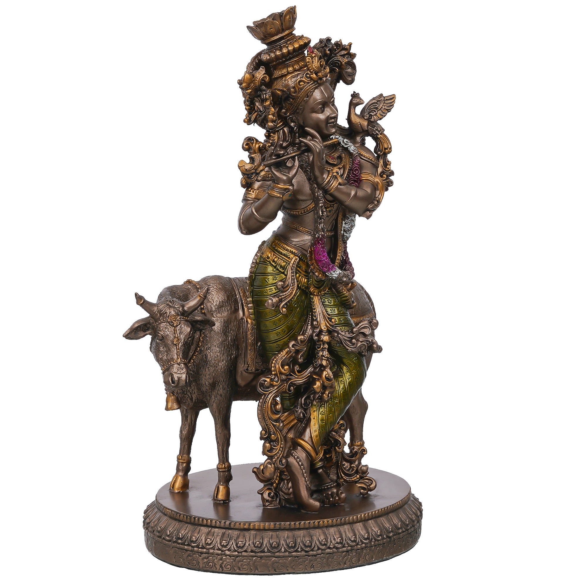 Lord Krishna Playing Flute with Cow Cold Cast Bronze Resin Decorative Figurine 4