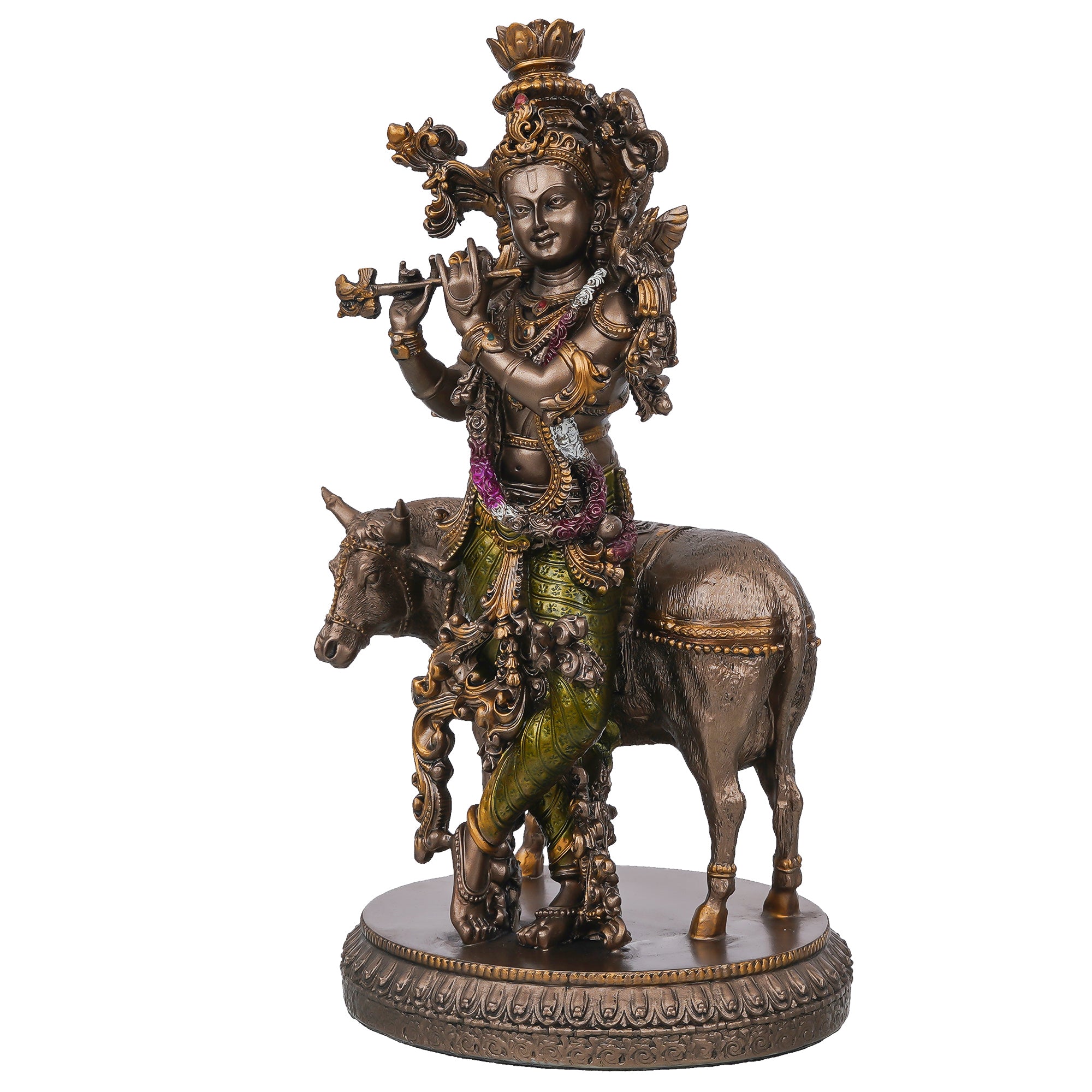 Lord Krishna Playing Flute with Cow Cold Cast Bronze Resin Decorative Figurine 5